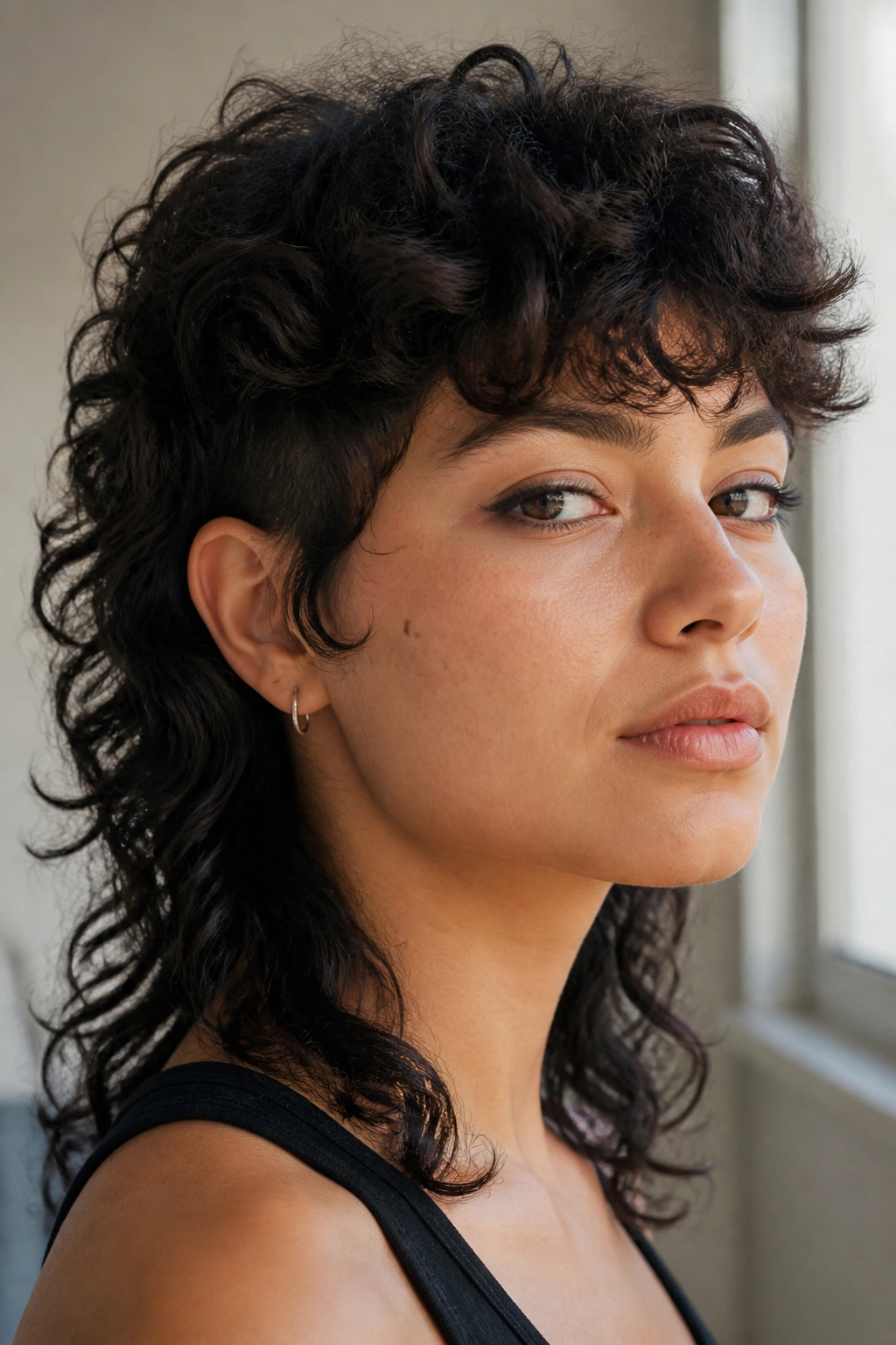 Close-up of a real person with Soft Curly Mullet featuring airy top and long back
