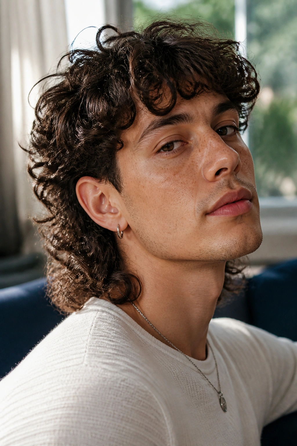 Close-up portrait of a real person with curly mullet and soft layers in natural light
