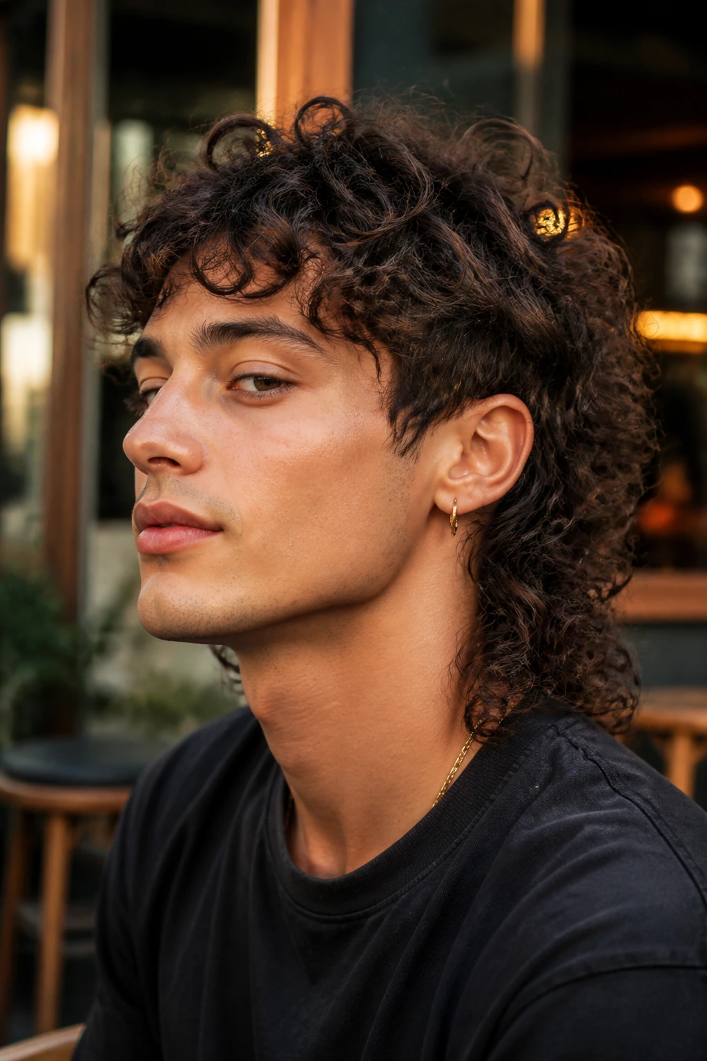Portrait of a real person with curly mullet and soft sides in warm outdoor light