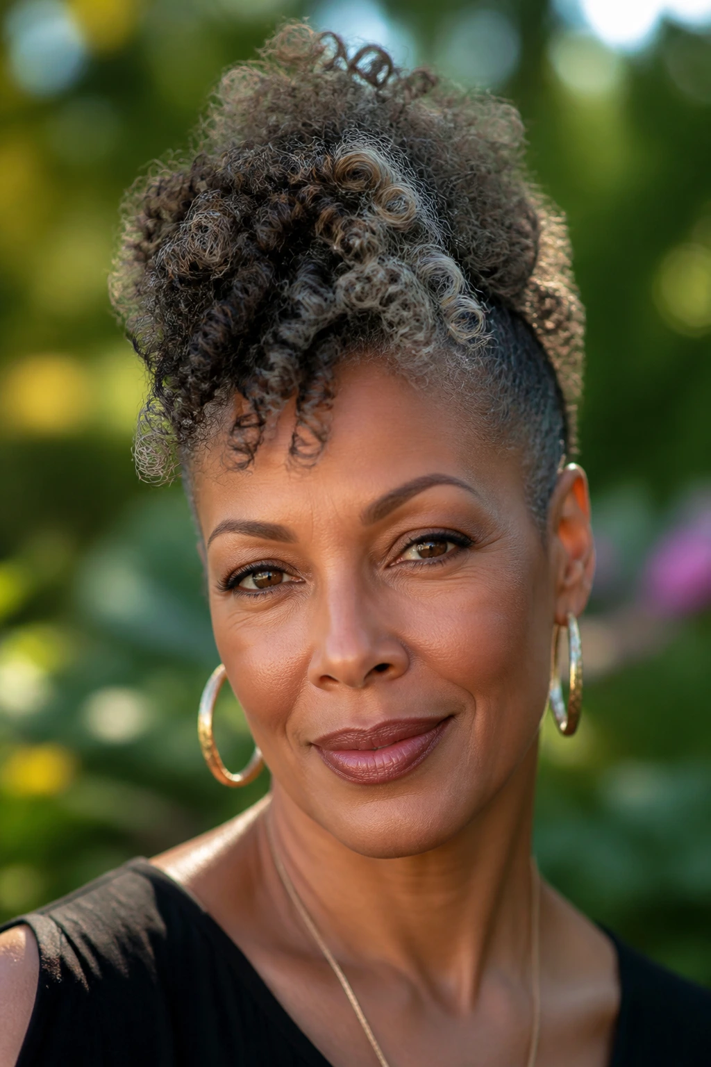 Close-up of a woman with a curly textured peak faux hawk in natural light.