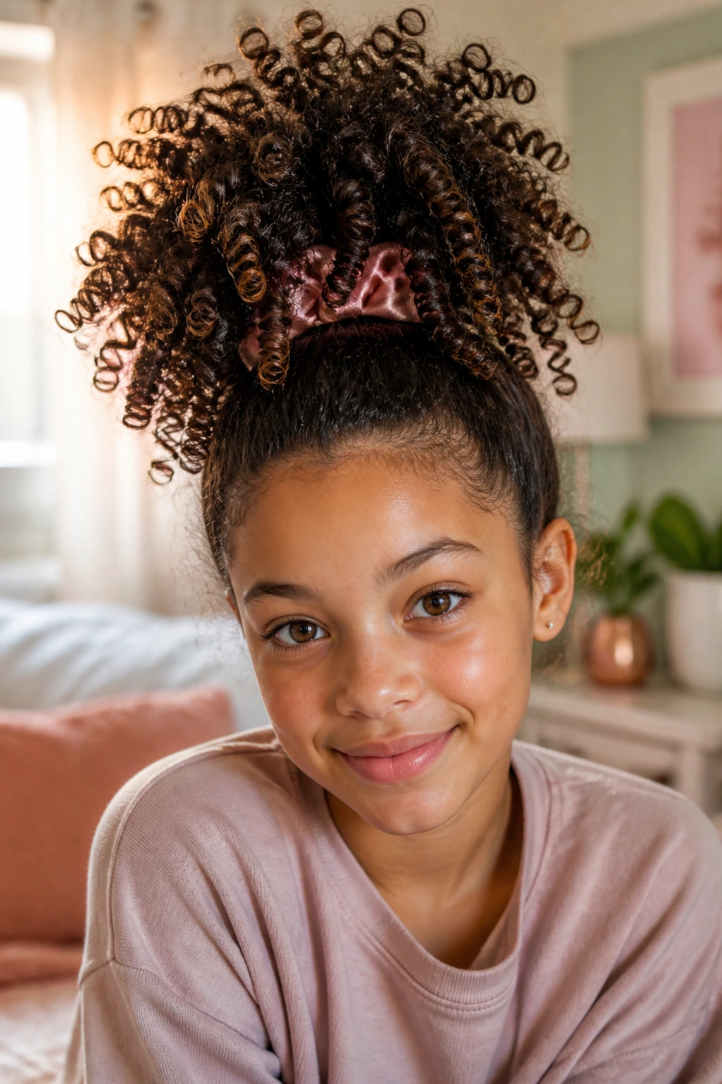 Close-up of a real girl's head with a high curly pineapple hairstyle and satin scrunchie in warm light