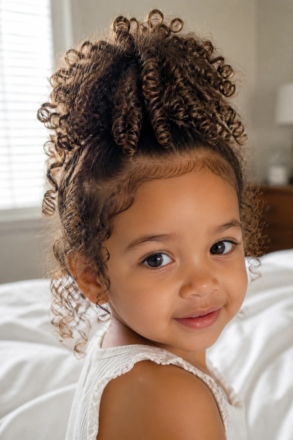 Close-up of toddler with curly pineapple on top of the head