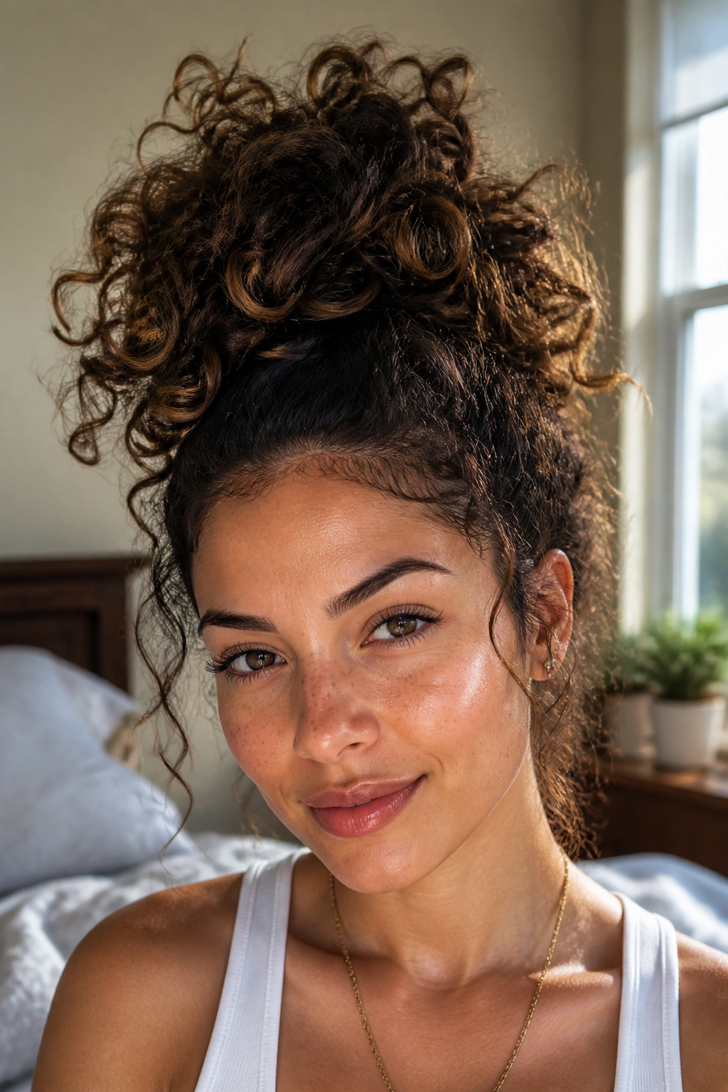 Close-up portrait of a real woman with curly pineapple top knot, curls lifted and bun centered