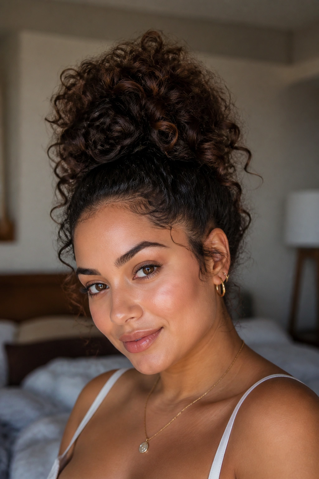 Portrait of a real woman with a curly pineapple updo stacked at the crown.