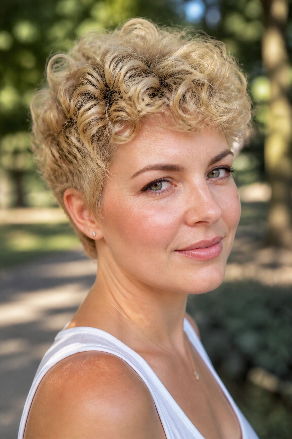 Close-up of a real woman with curly blonde pixie and diffused volume outdoors.