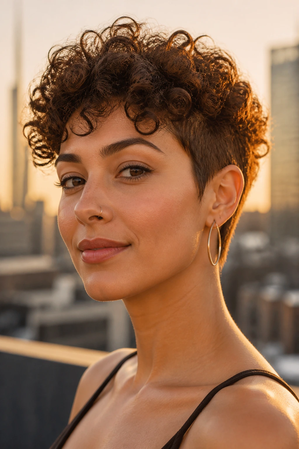 Close-up of a real woman with curly pixie-bob hairstyle on a rooftop at golden hour
