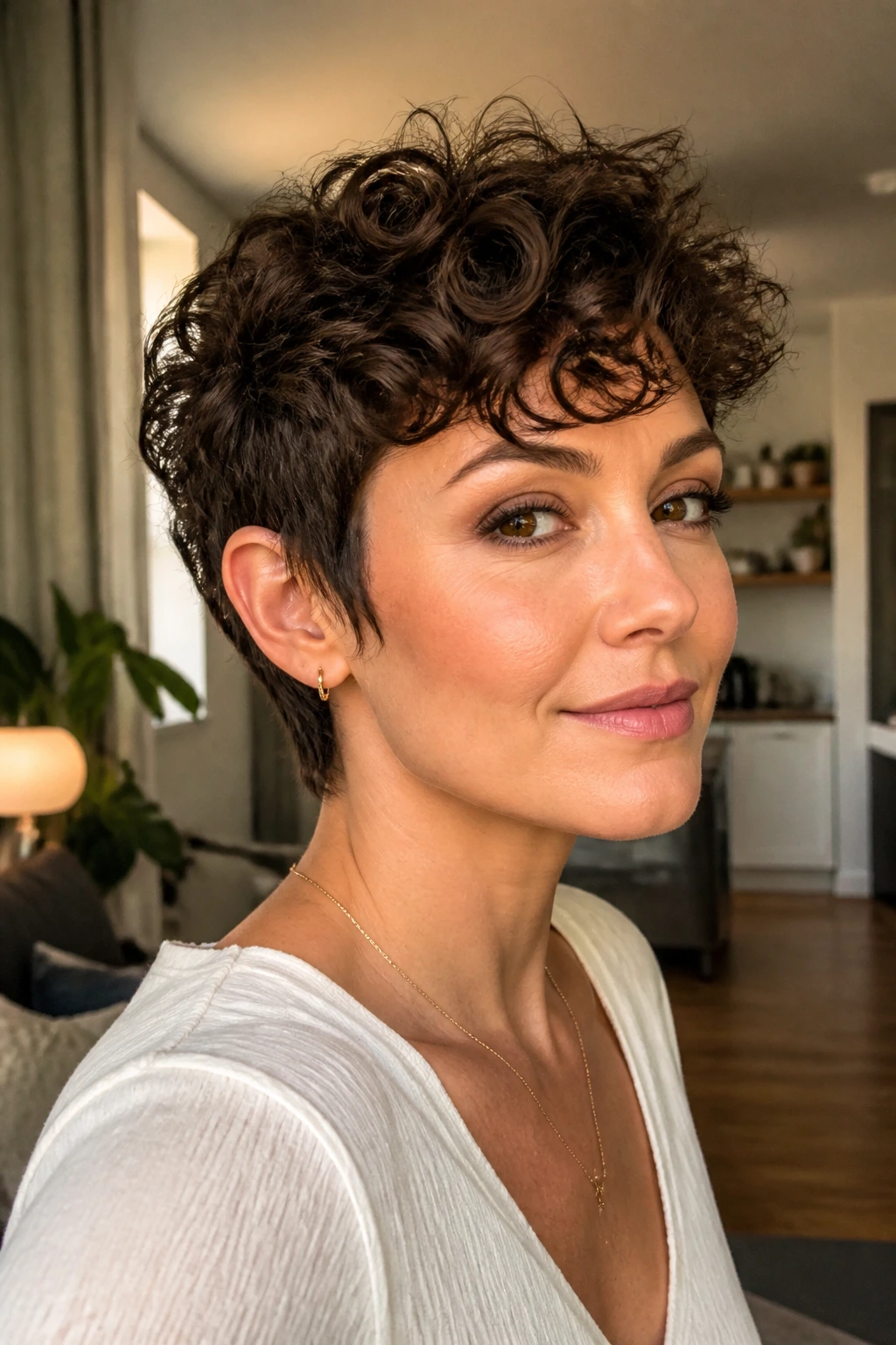 Medium-close portrait of a real woman with curly pixie bob hybrid in a warm apartment