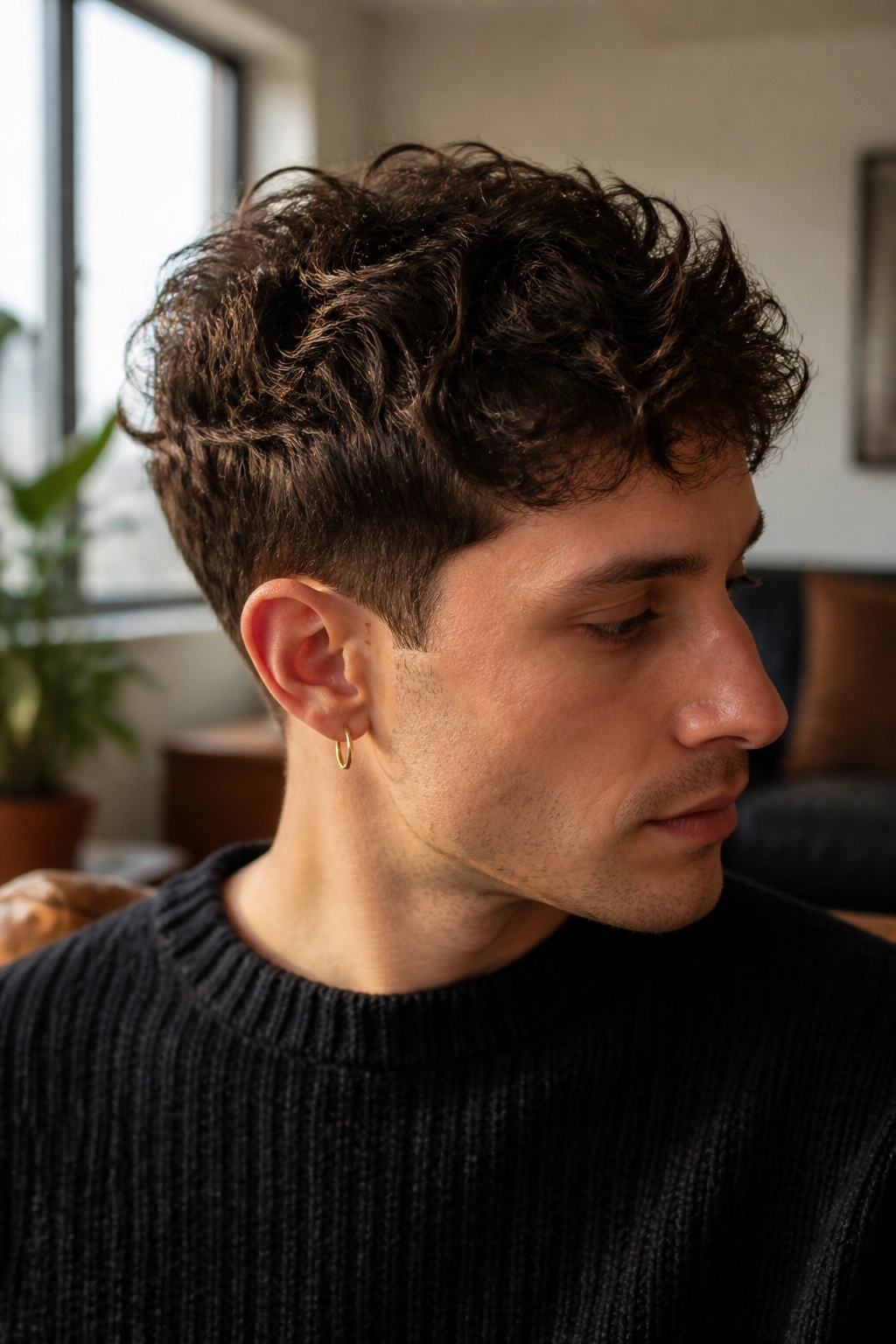 Close-up of a man with a curly pixie crop hairstyle indoors.