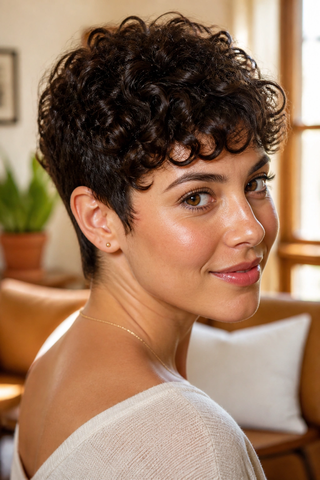 Close-up portrait of a real person with a curly pixie crop, top curls visible and sides tapered.