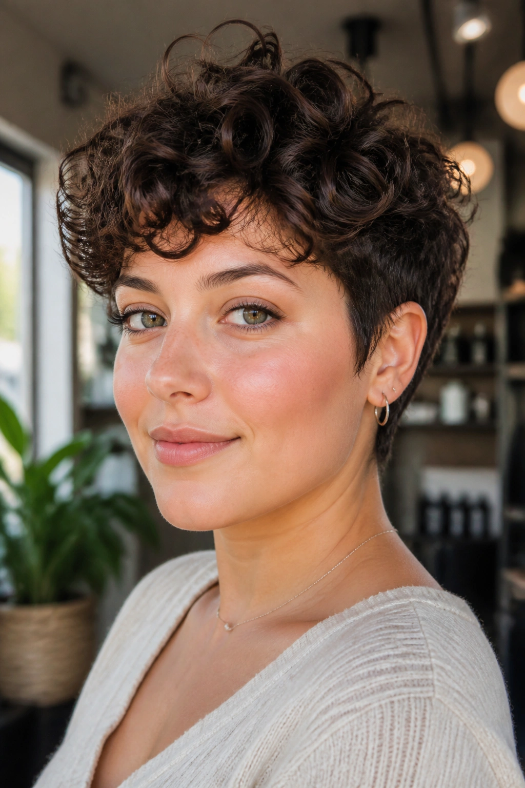 Close-up portrait of a real woman with curly pixie cut showing crown height for round faces