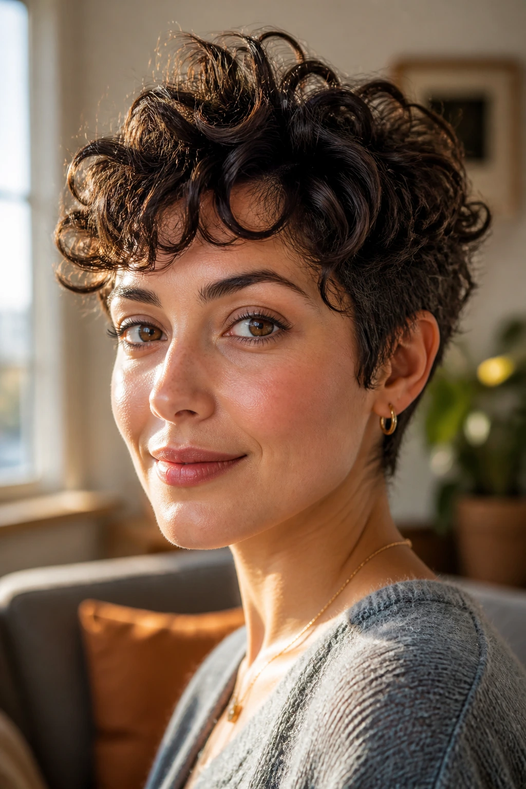 Close-up of a real woman with curly long pixie hairstyle towering crown height