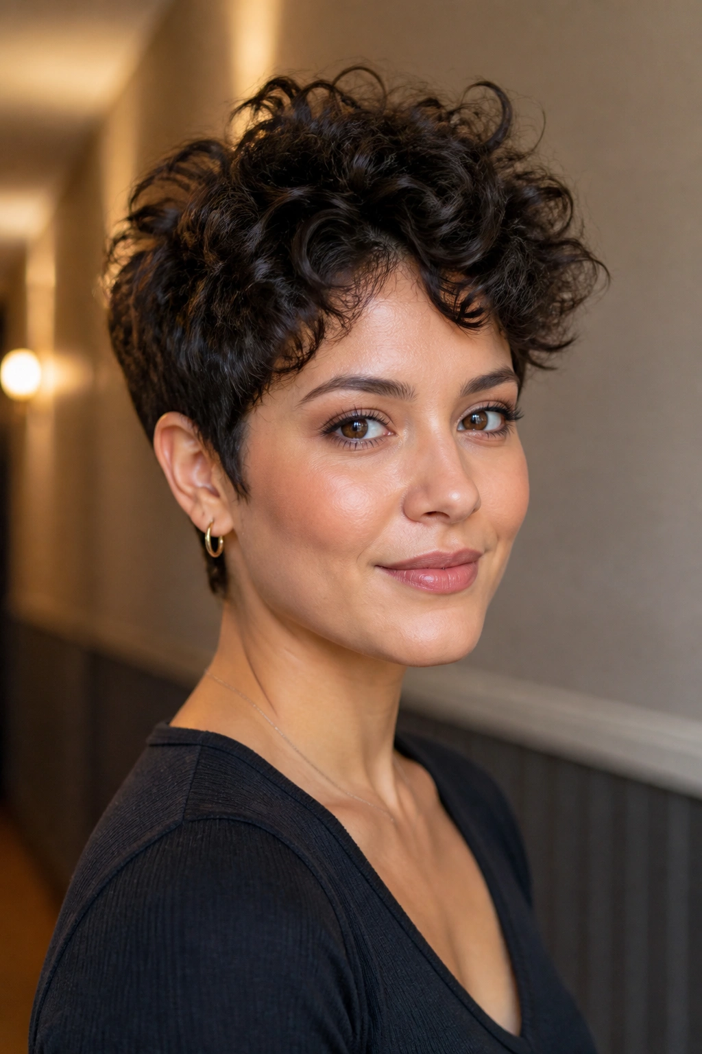 Portrait of a real woman with a curly pixie and crown lift in warm hallway light