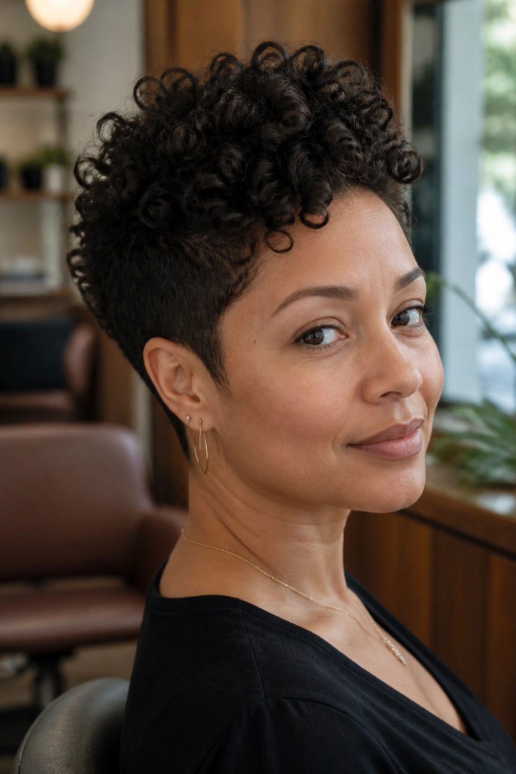 Close-up portrait of a real woman with a tapered curly pixie and crown lift in a warm salon lighting.