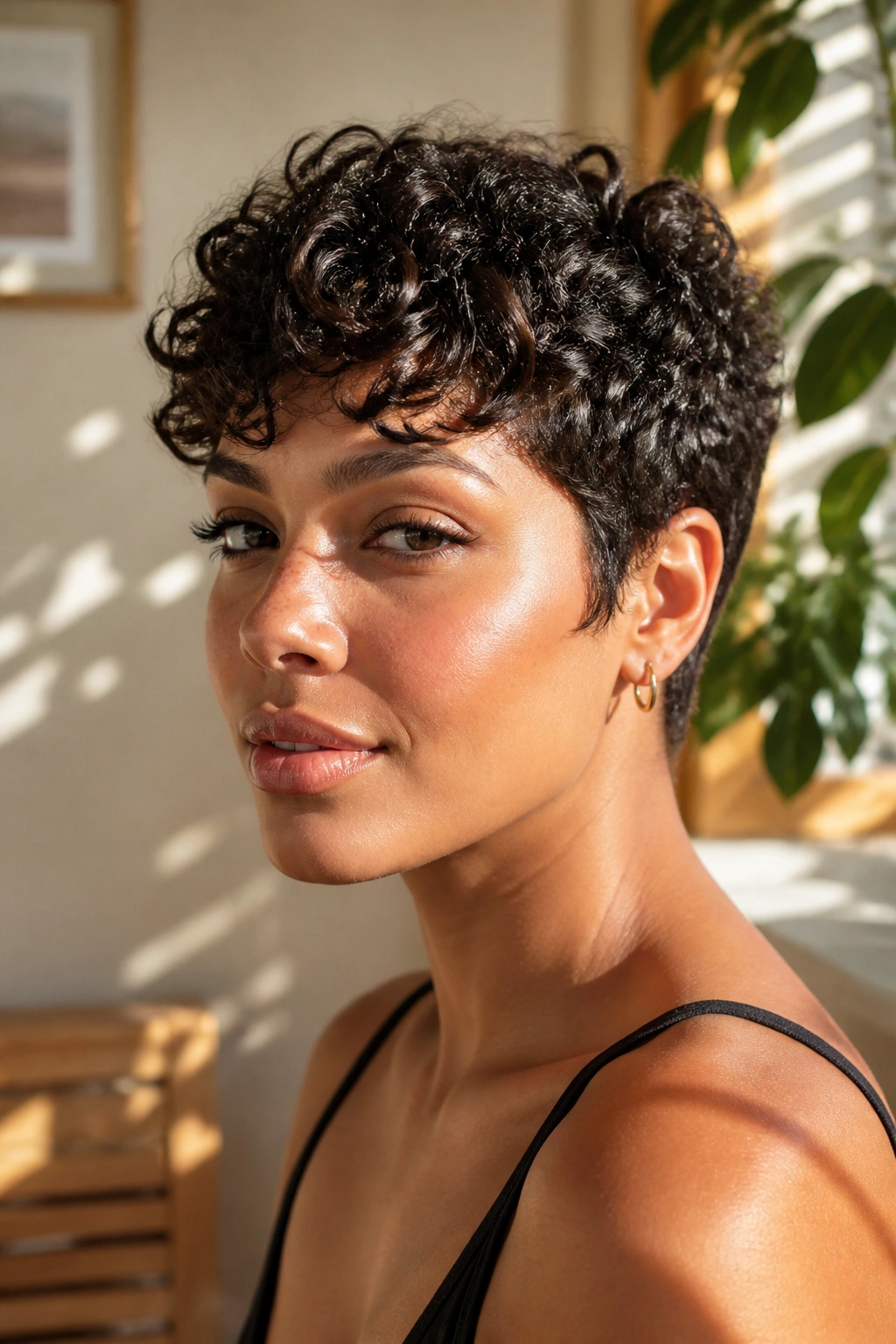Close-up portrait of a woman with a curly pixie cut in warm natural light
