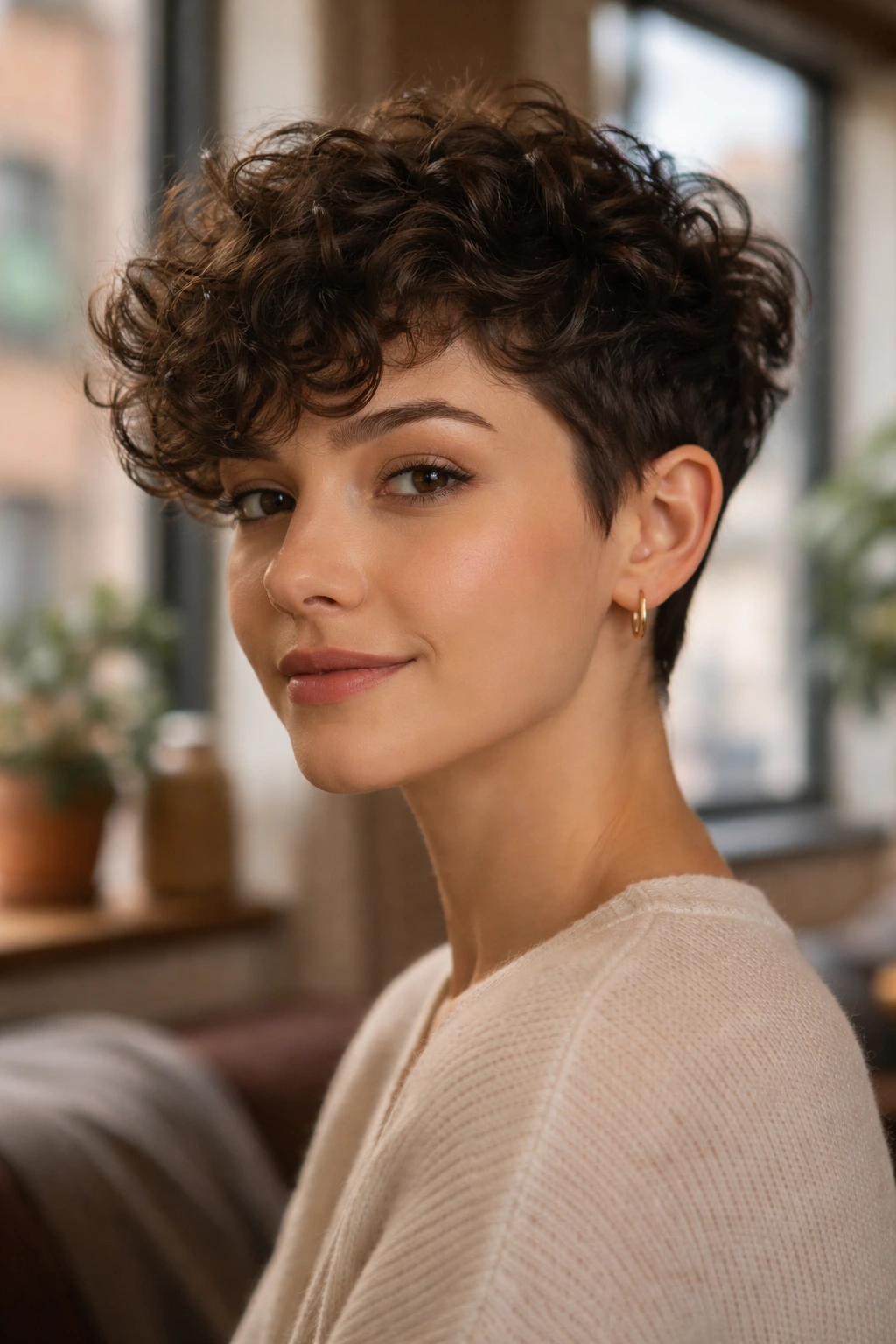 Close-up of real person with curly pixie cut in warm indoor light