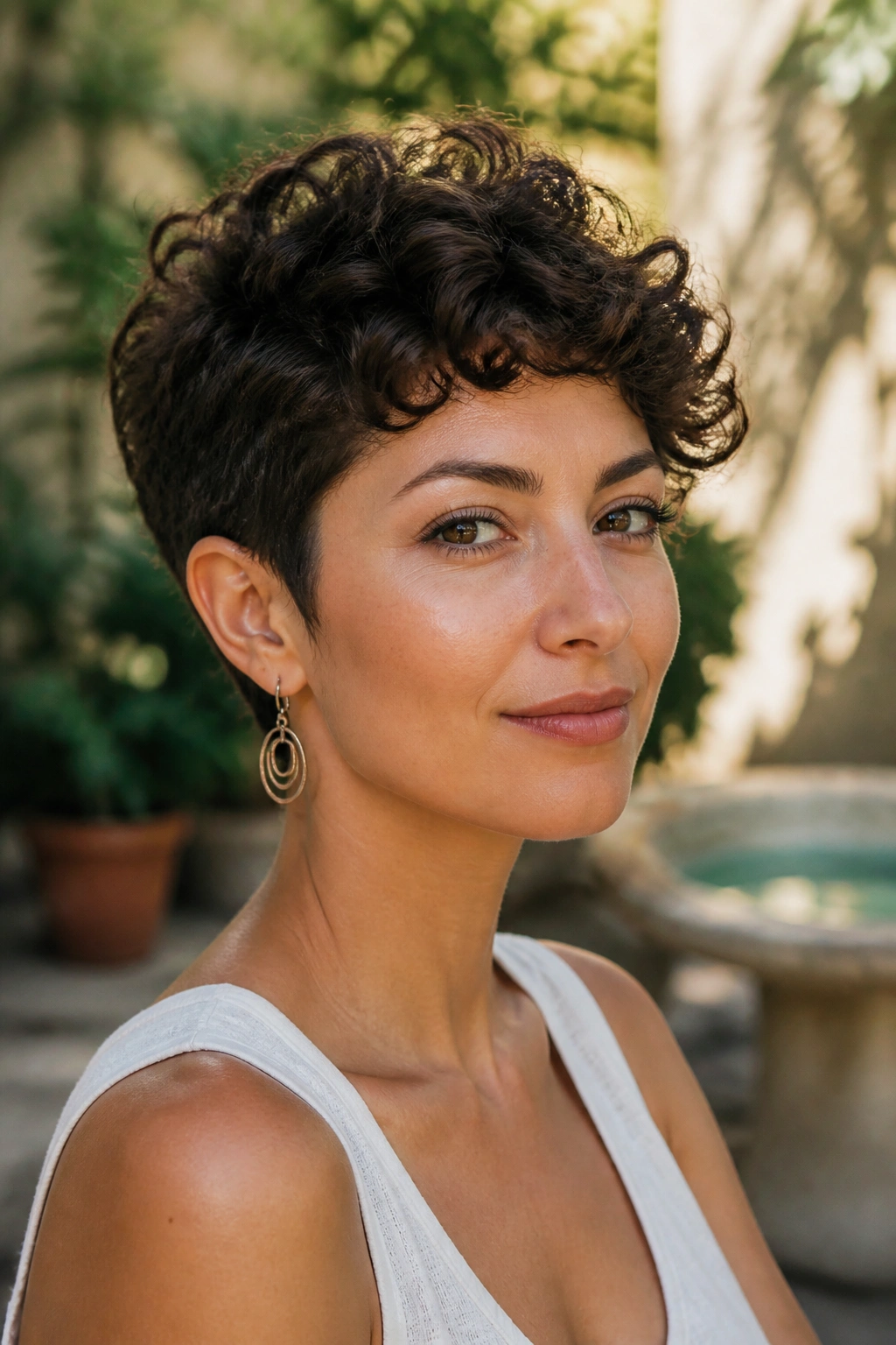 Close-up of a real woman with a curly pixie cut in sunny outdoor garden light