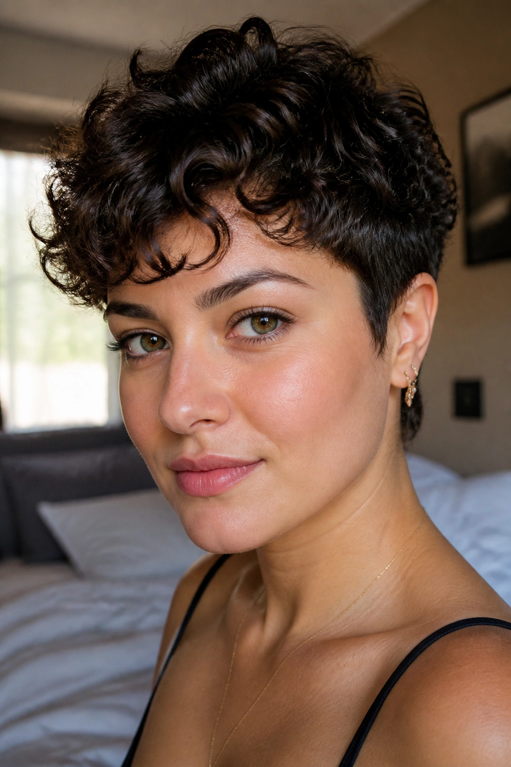 Close-up portrait of a real woman with curly pixie cut, long curls on top and tapered sides.