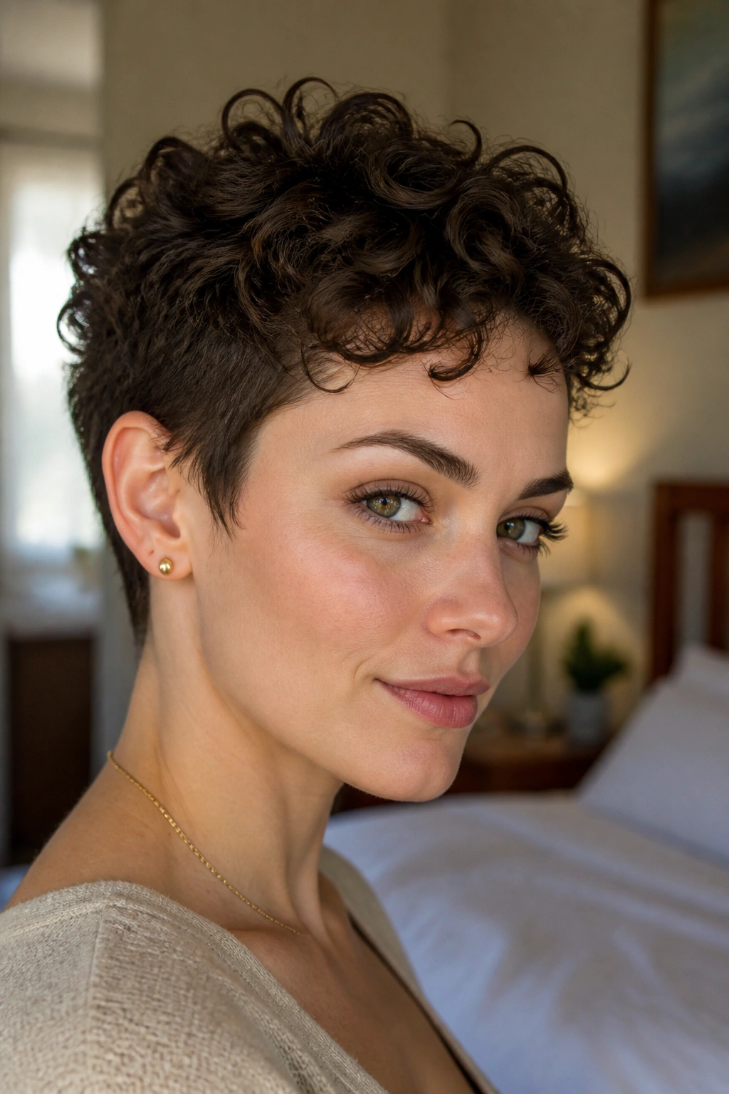 Close-up portrait of a real woman with a curly pixie cut, curls on top
