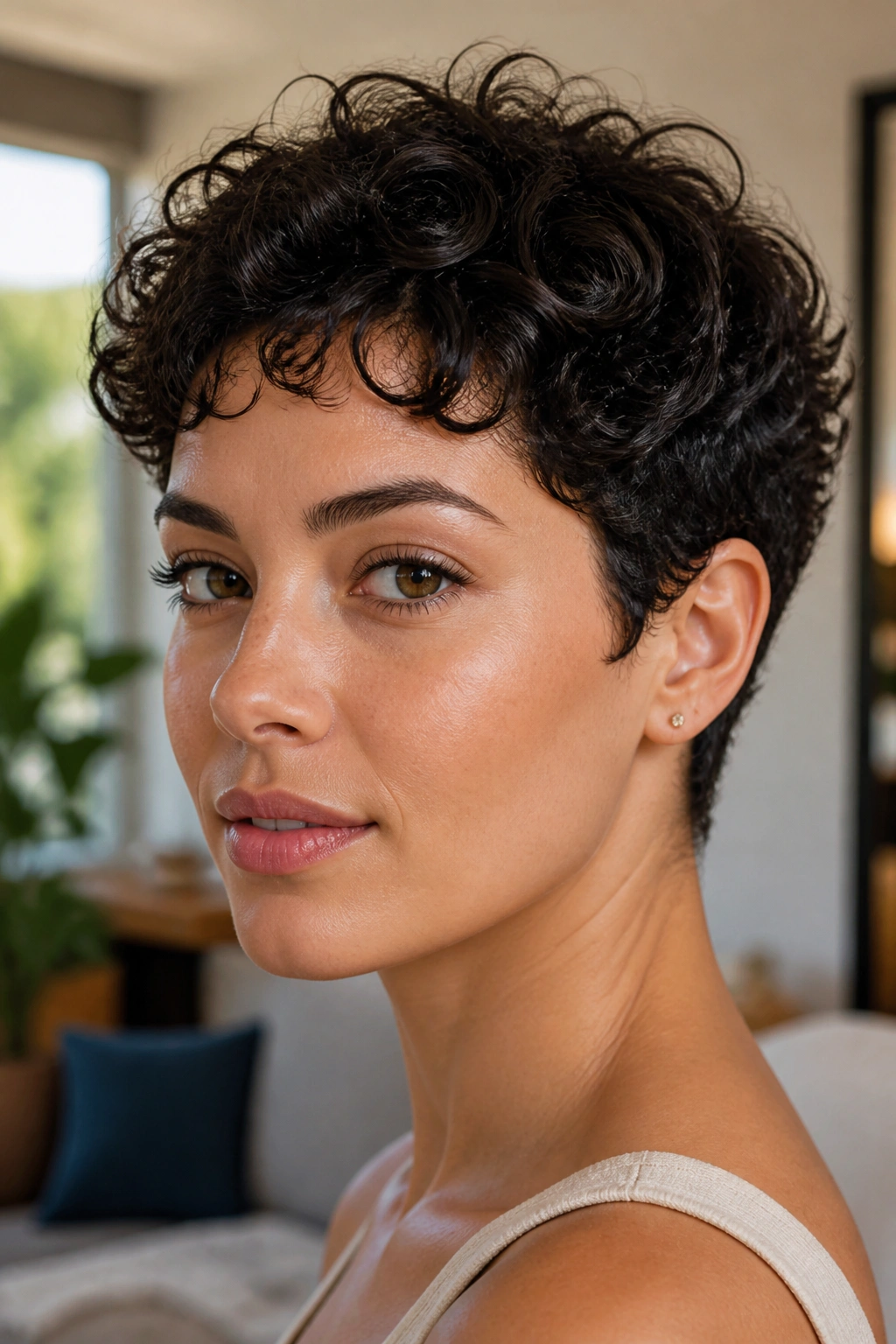Close-up of a real woman with curly pixie cut in warm window-light room