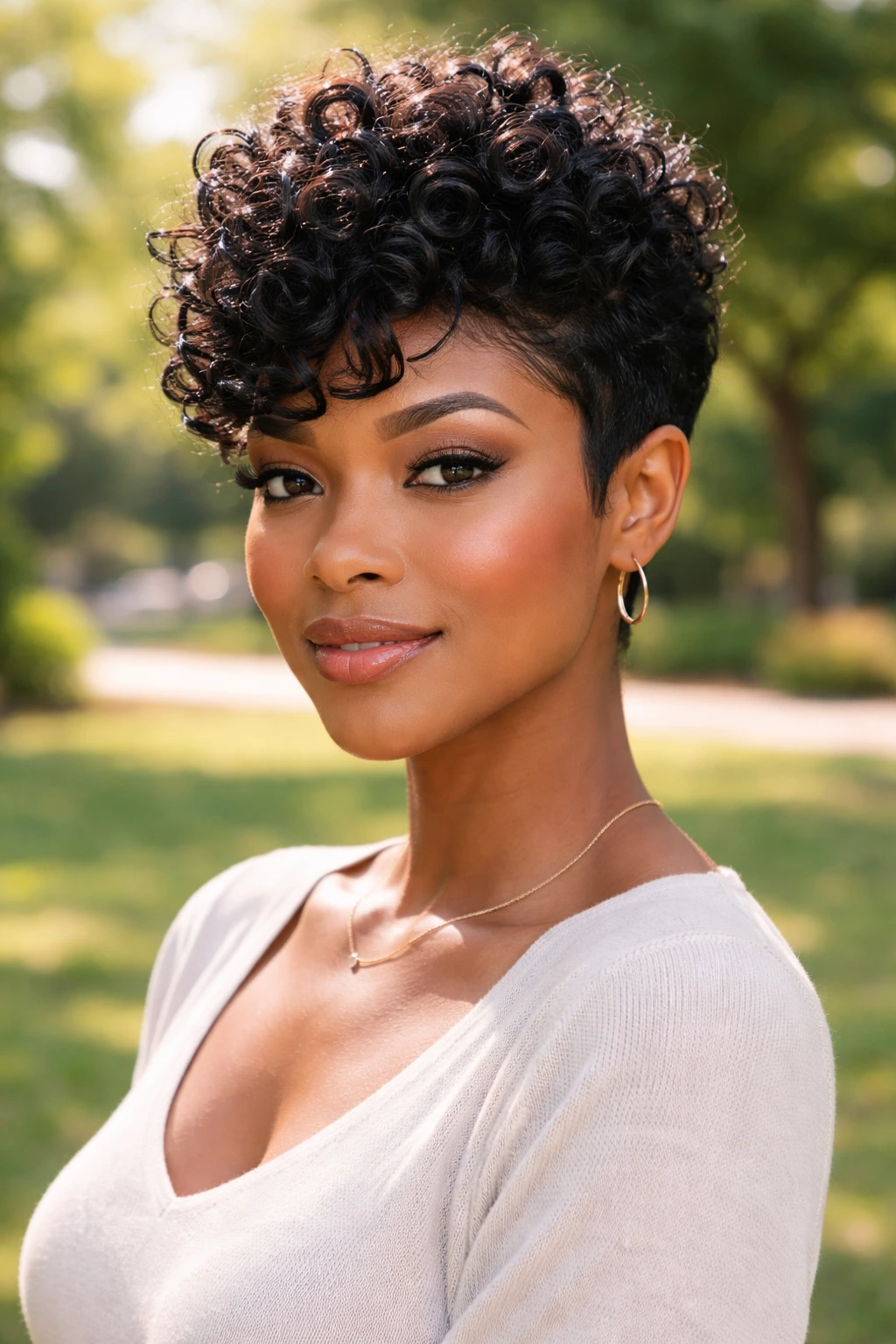 Close-up of a real woman in a curly pixie cut with curls piled on top