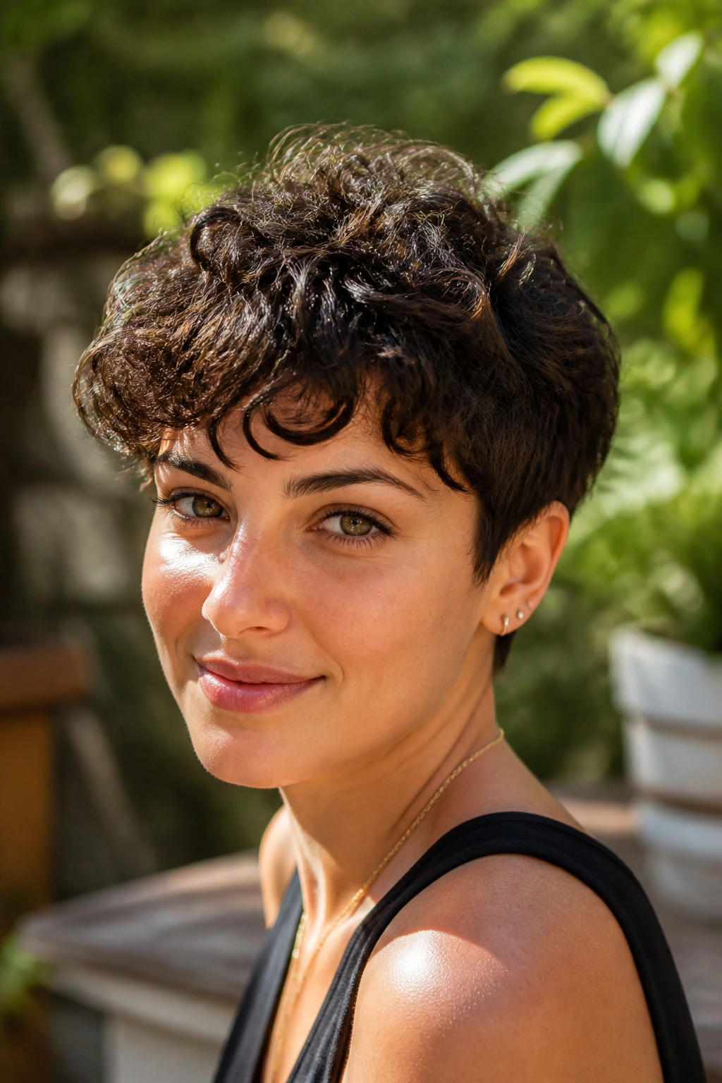 Close-up of a woman with a curly pixie cut in a sunny garden