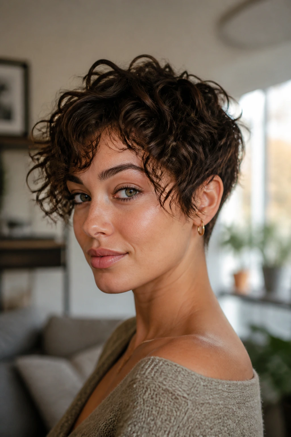 Close-up portrait of a real woman with a curly pixie featuring a clean nape and soft front pieces
