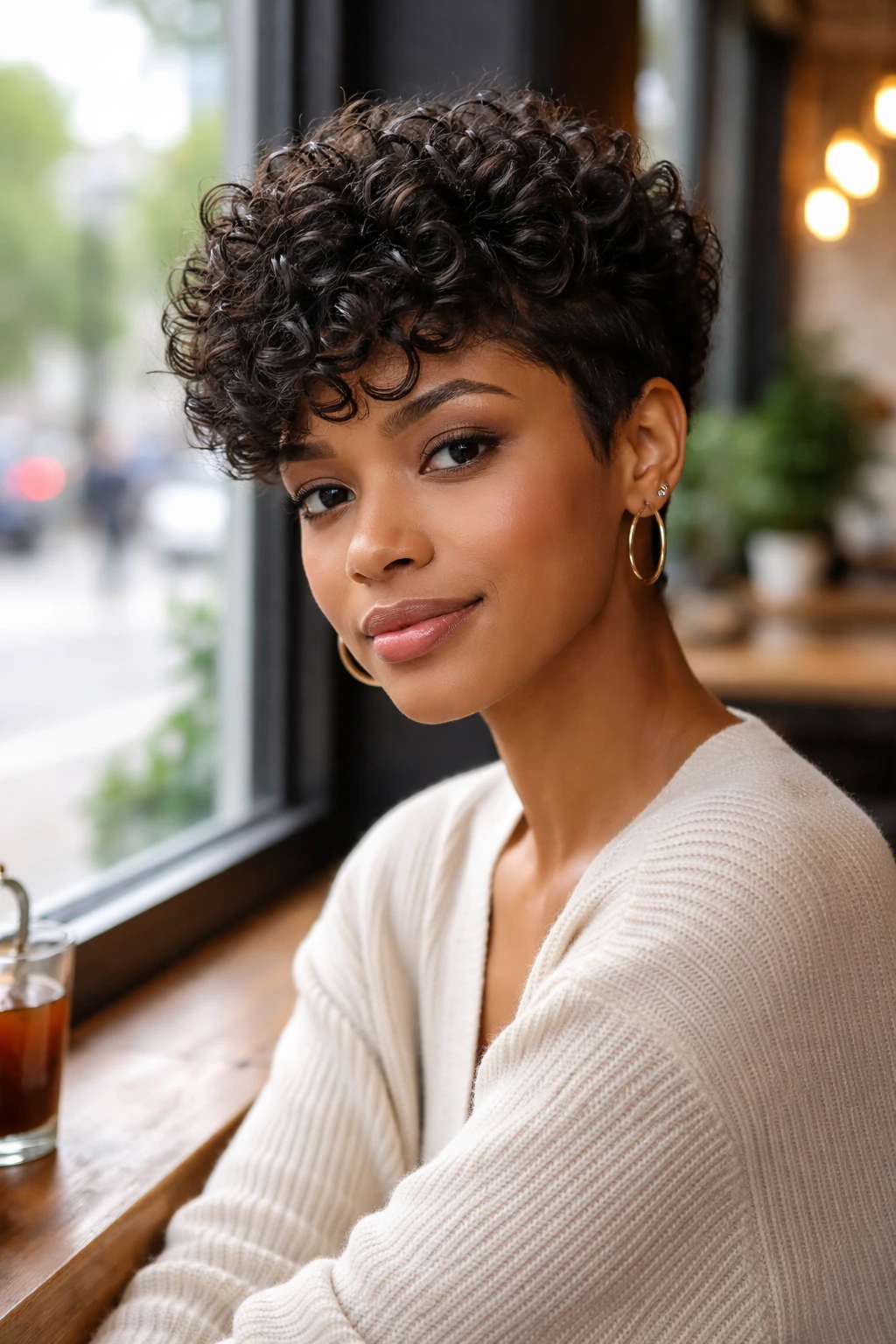 Close-up of a real person with curly pixie cut and soft crown volume in daylight