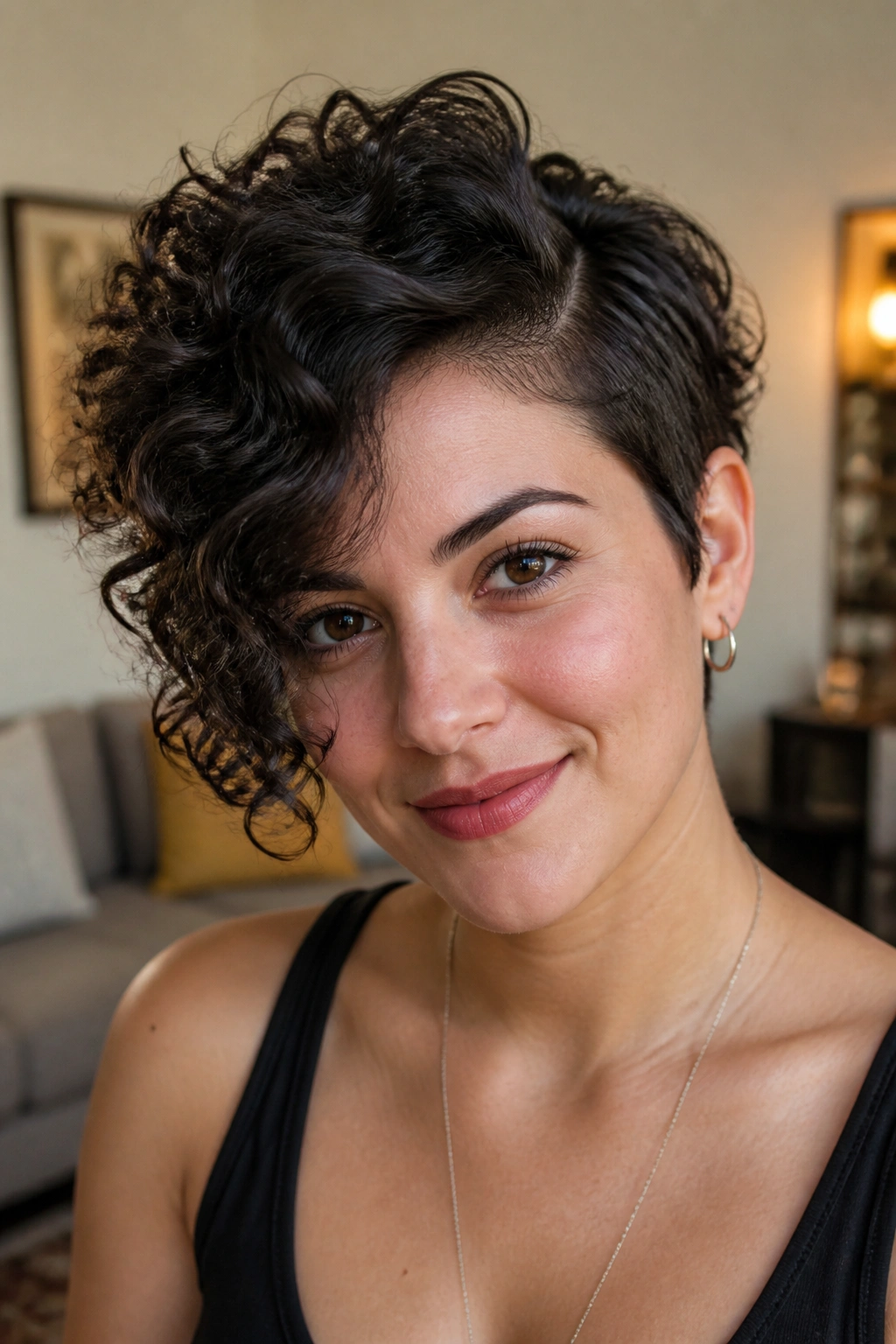 Close-up of a real woman with a curly asymmetrical pixie and deep part.