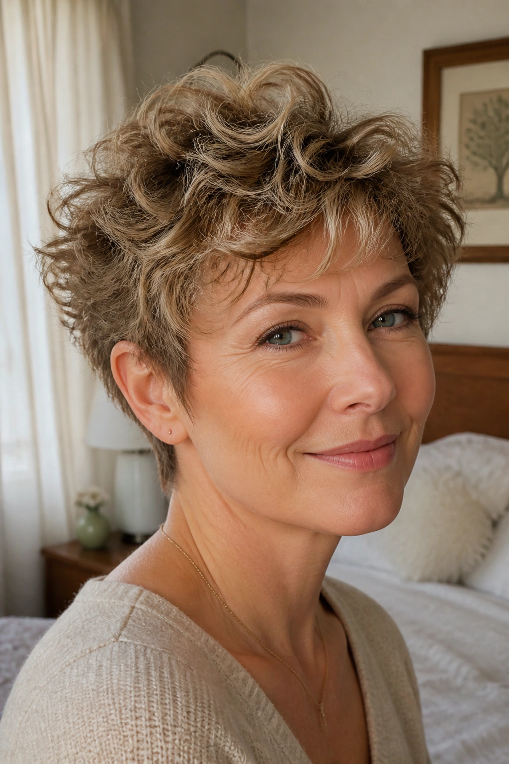 Close-up of a real woman with curly feathered pixie hairstyle in warm bedroom light