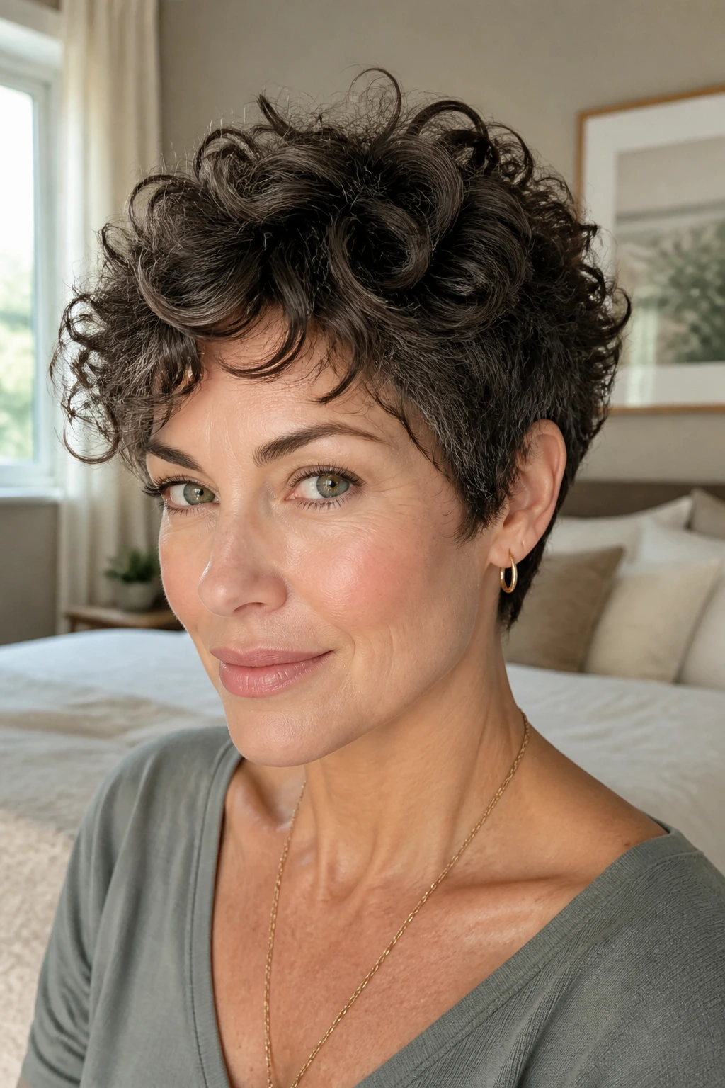 Close-up portrait of a real woman with curly pixie cut and defined curls.