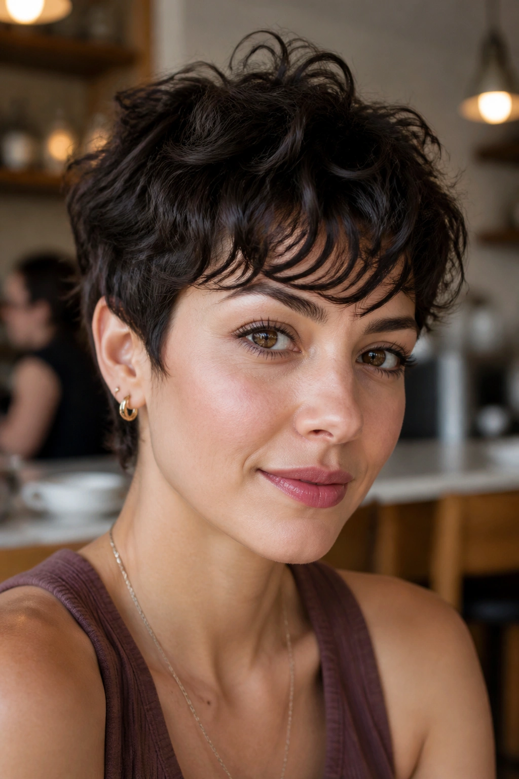 Close-up portrait of a real woman with curly pixie and forward fringe.