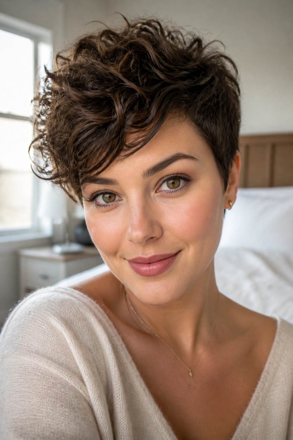 Close-up portrait of a real woman with a curly pixie and side-swept fringe for round faces