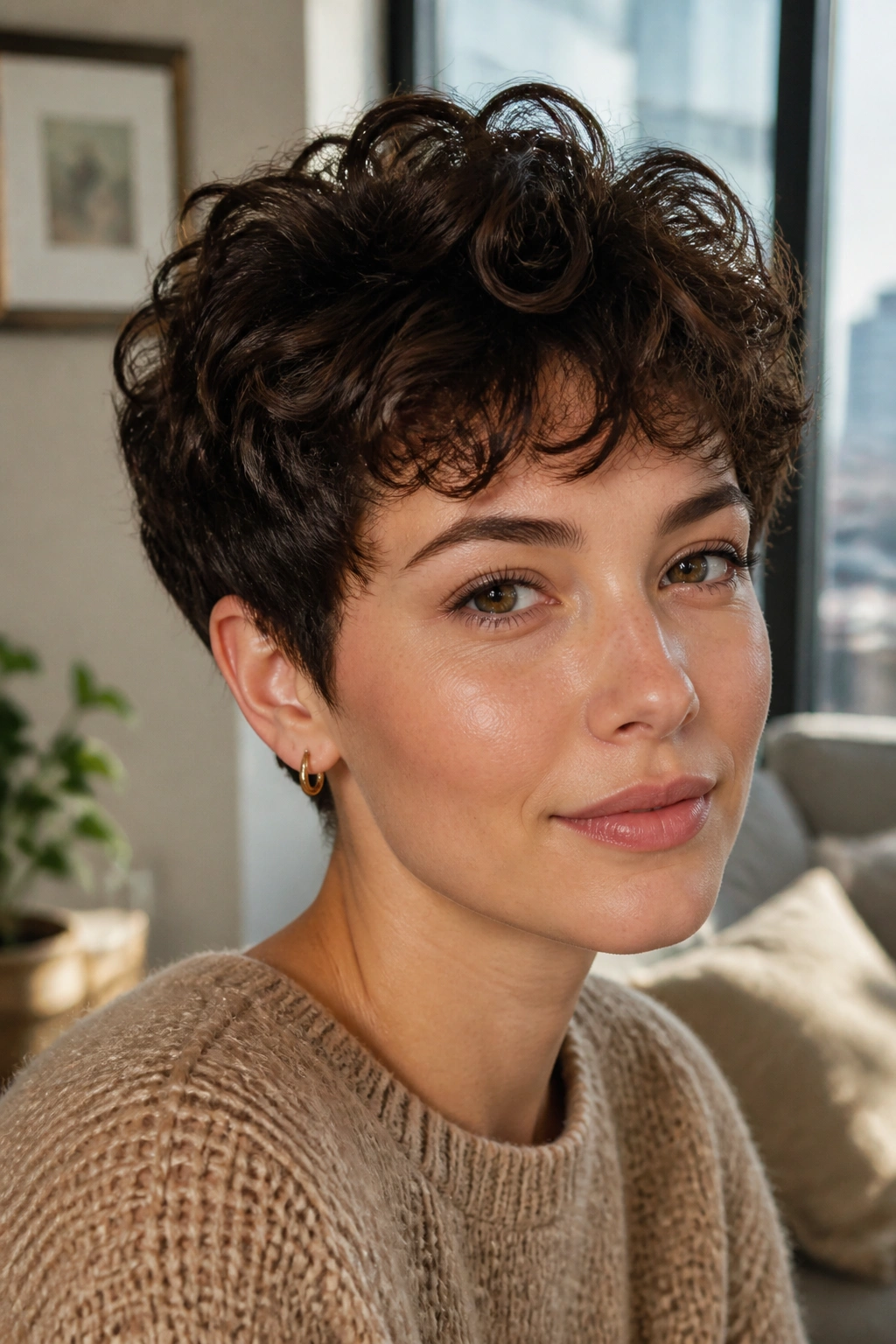 Close-up of a real woman with a curly pixie and soft fringe in warm window light.