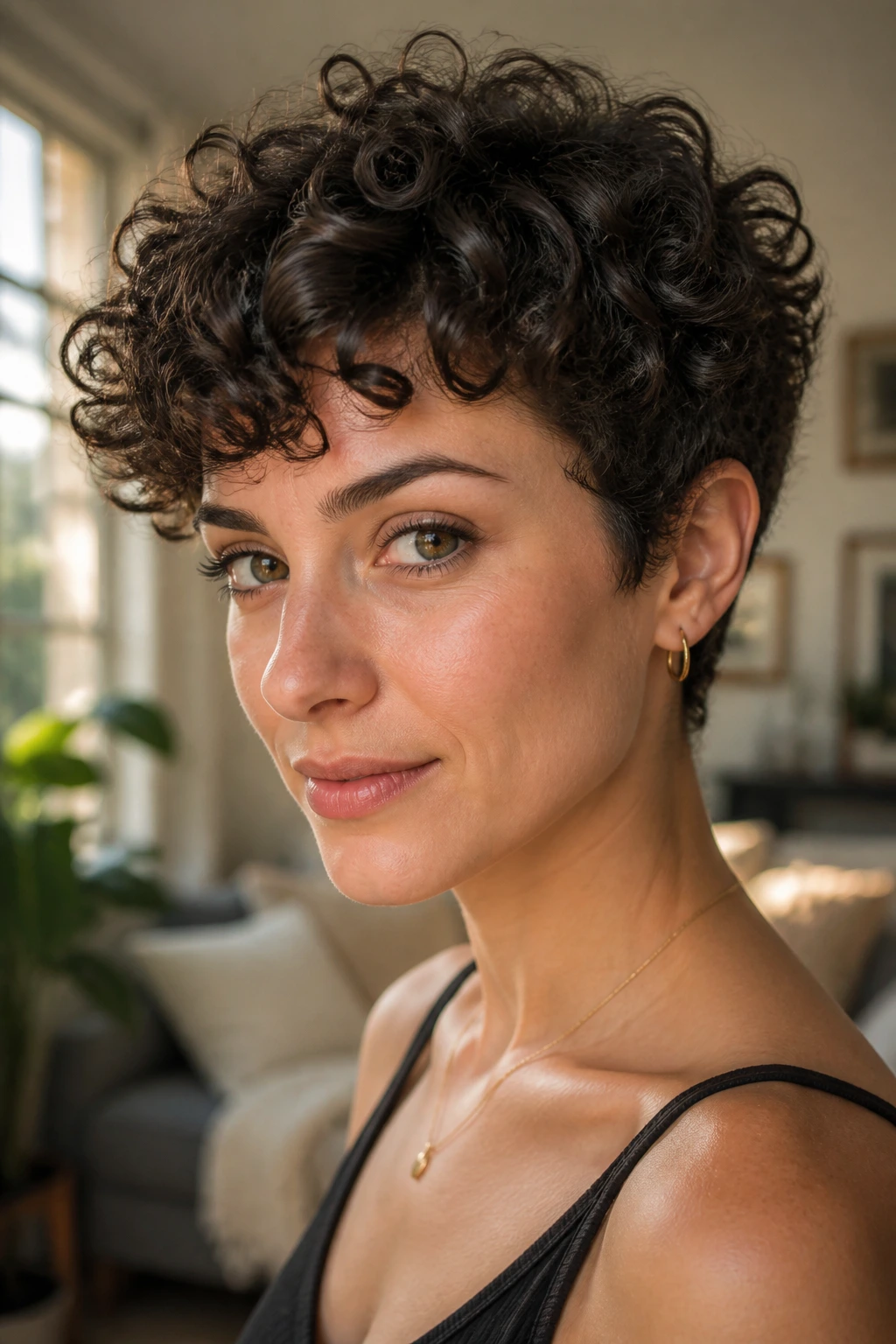 Portrait of a woman with curly pixie haircut and defined curls