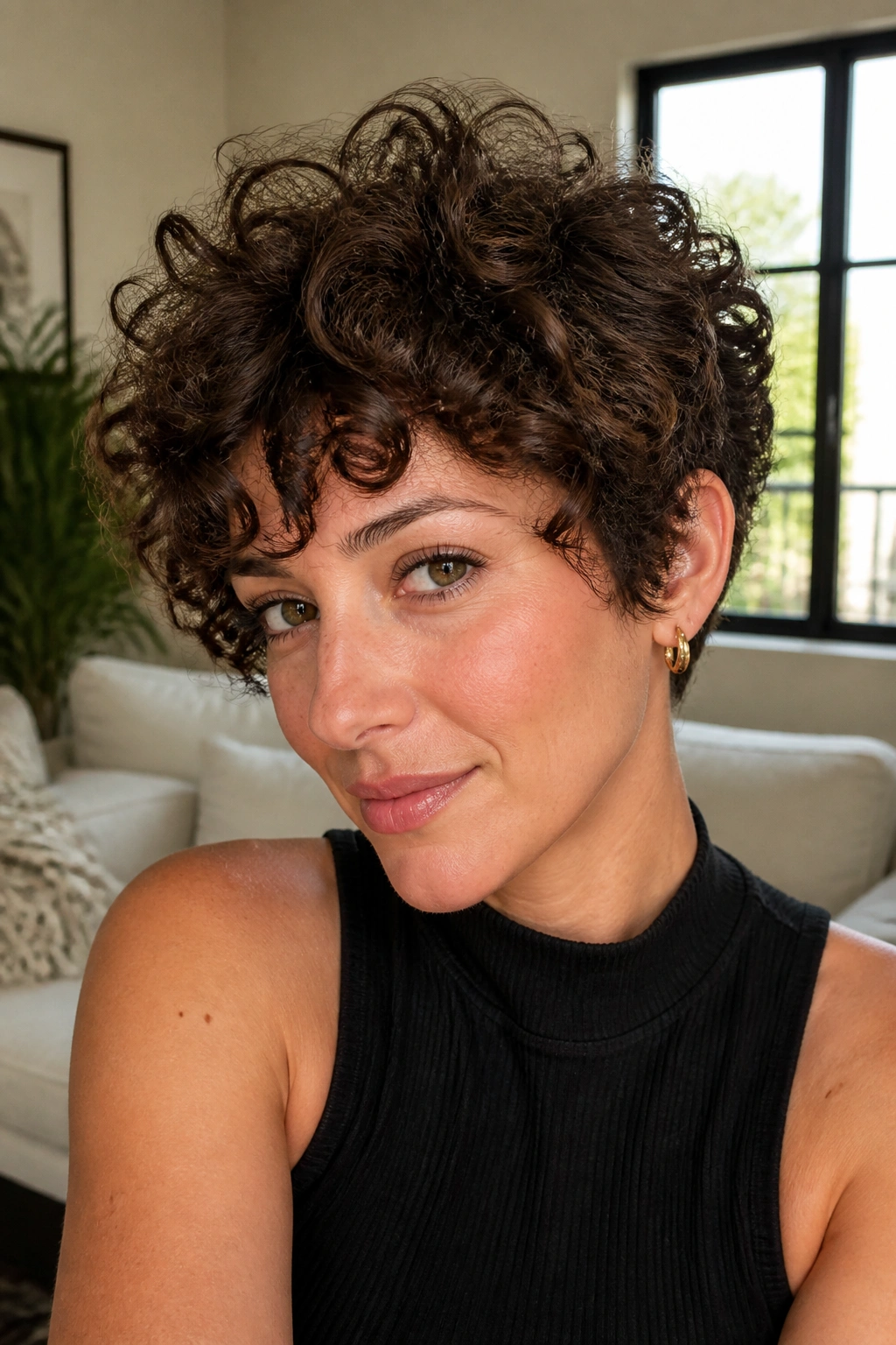 Close-up of a real woman with curly choppy pixie haircut in natural window light