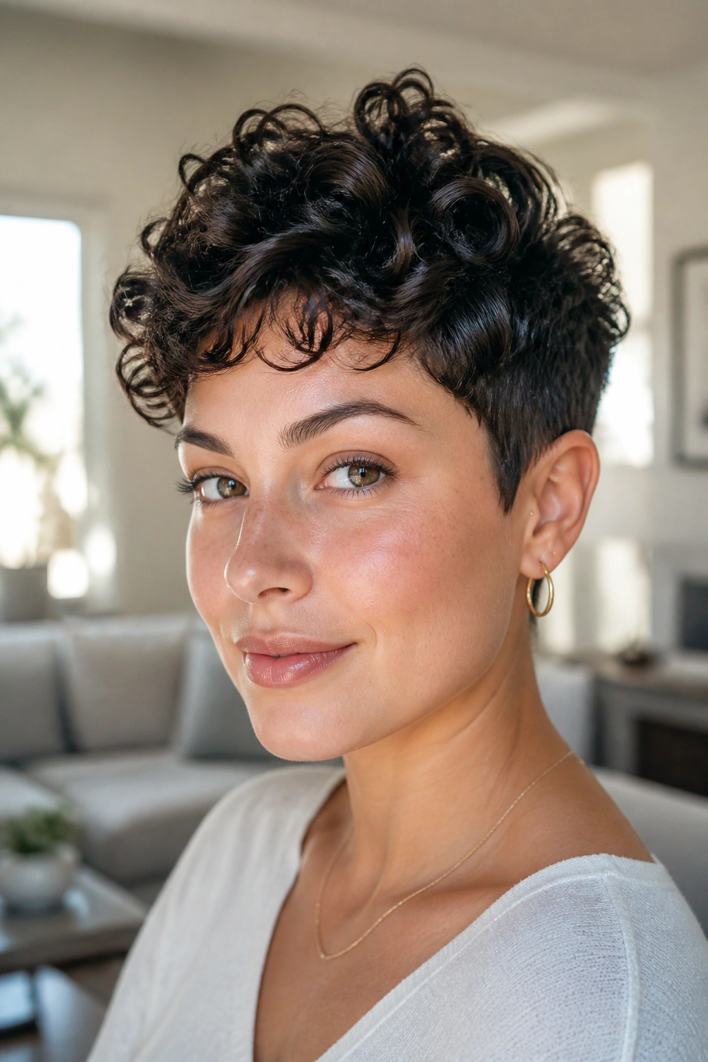 Close-up of a person with a curly pixie cut in bright natural light