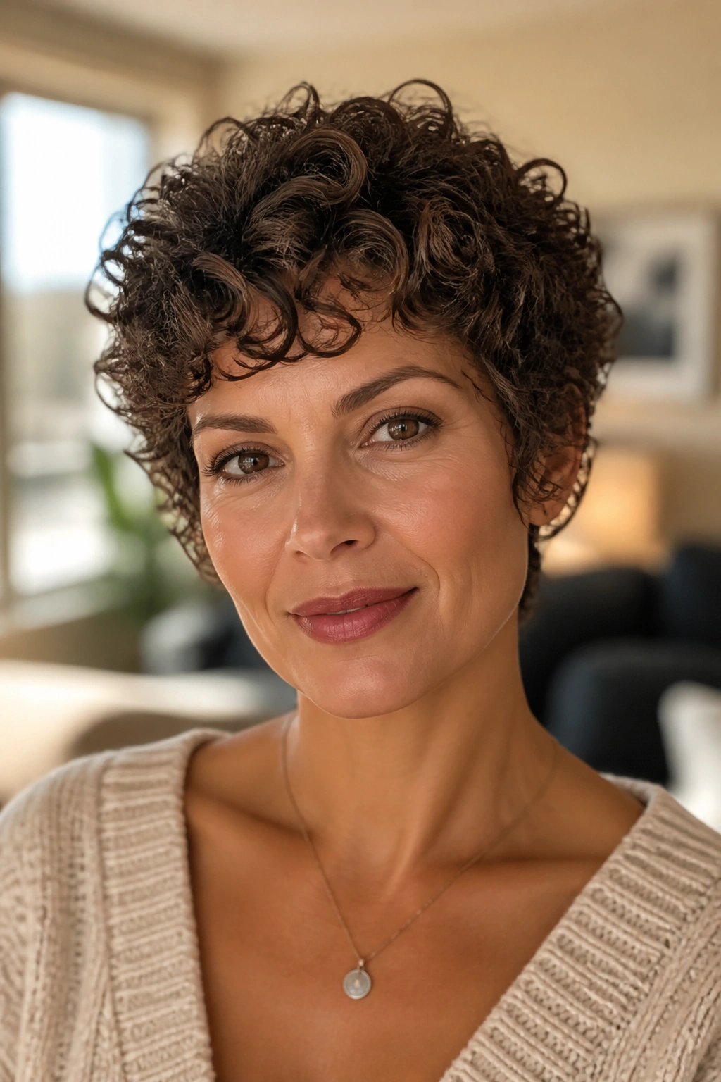Close-up portrait of a real woman with curly halo pixie hairstyle