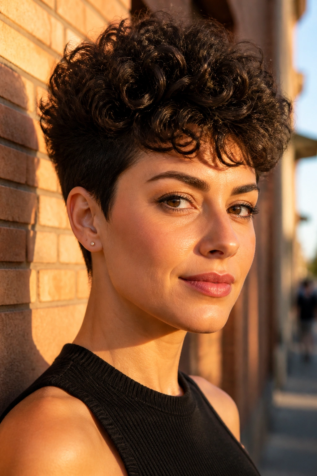Close-up of a real woman with a curly pixie hairstyle featuring height on top in an urban setting.