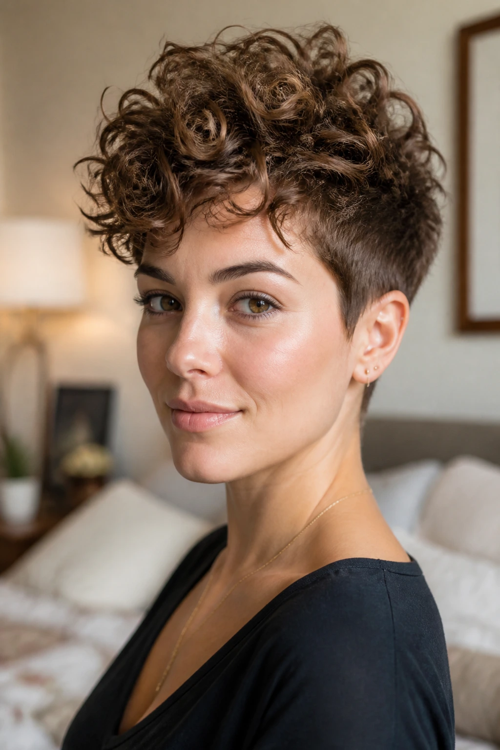 Close-up of a real woman with a curly pixie cut showing height on the crown.