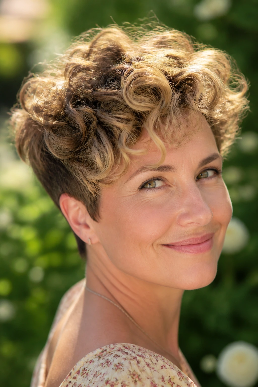 Close-up of a real woman with curly pixie and golden highlights in natural light.