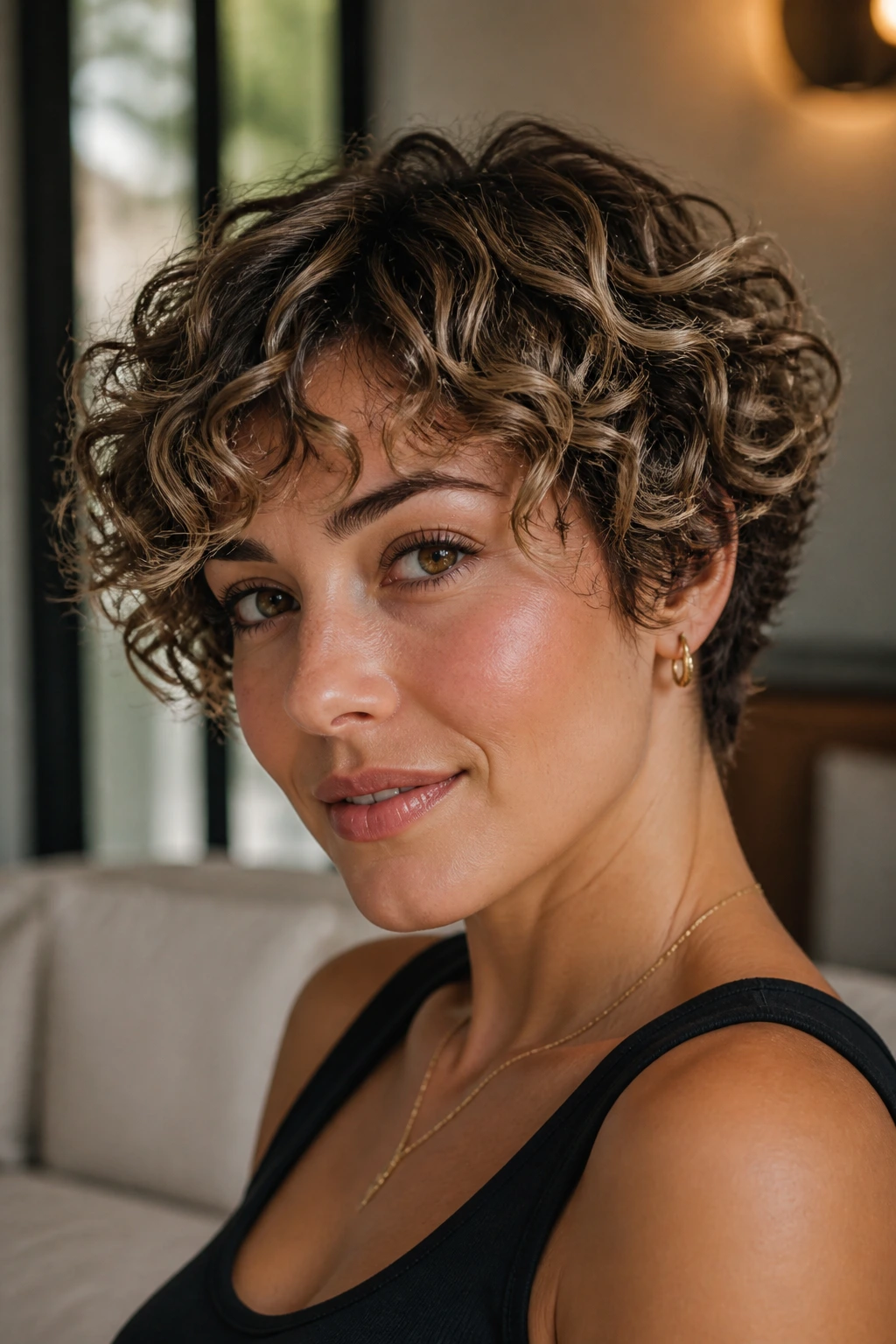 Short curly pixie with soft highlights around the face.