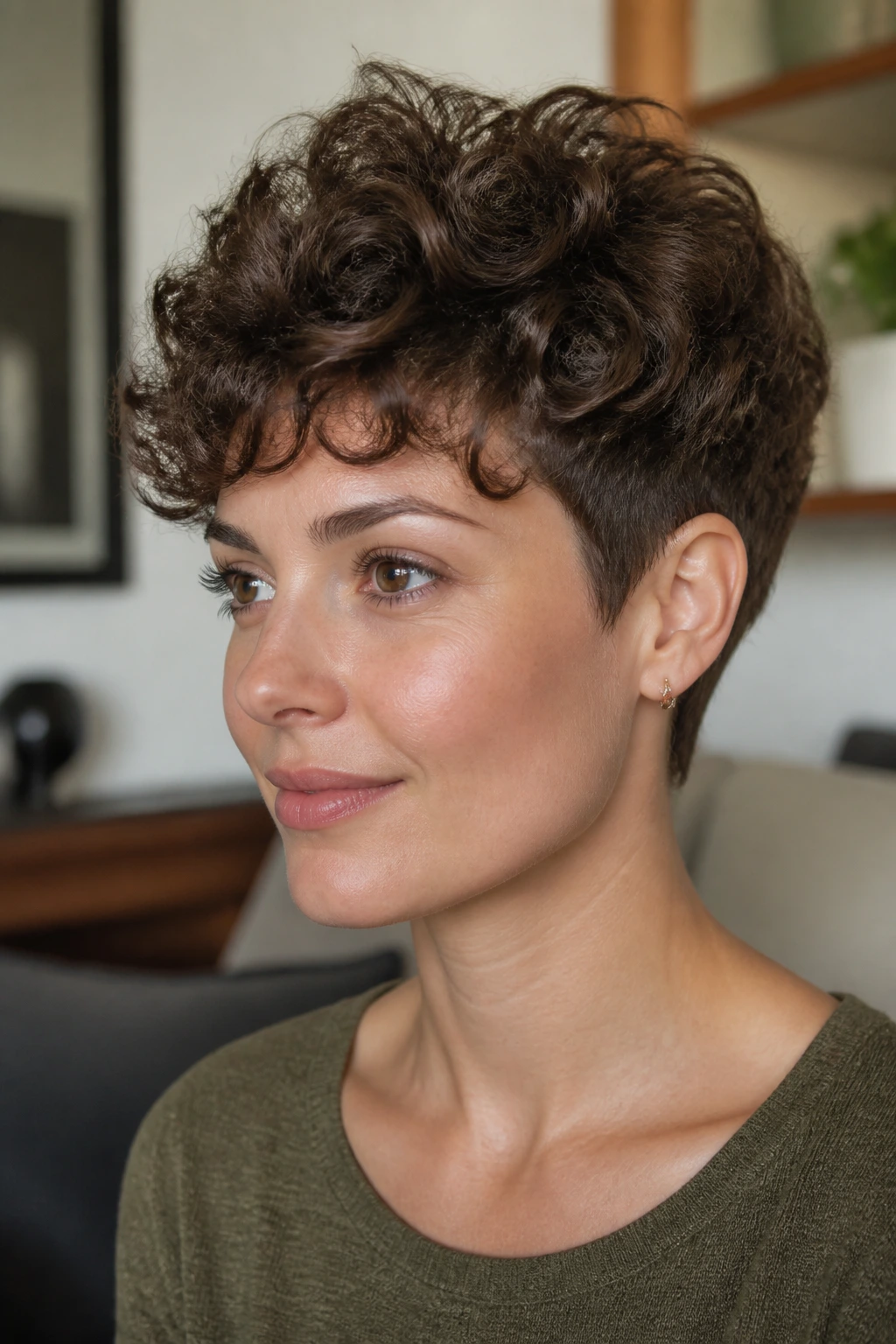 Close-up portrait of a woman with a curly pixie and lifted crown