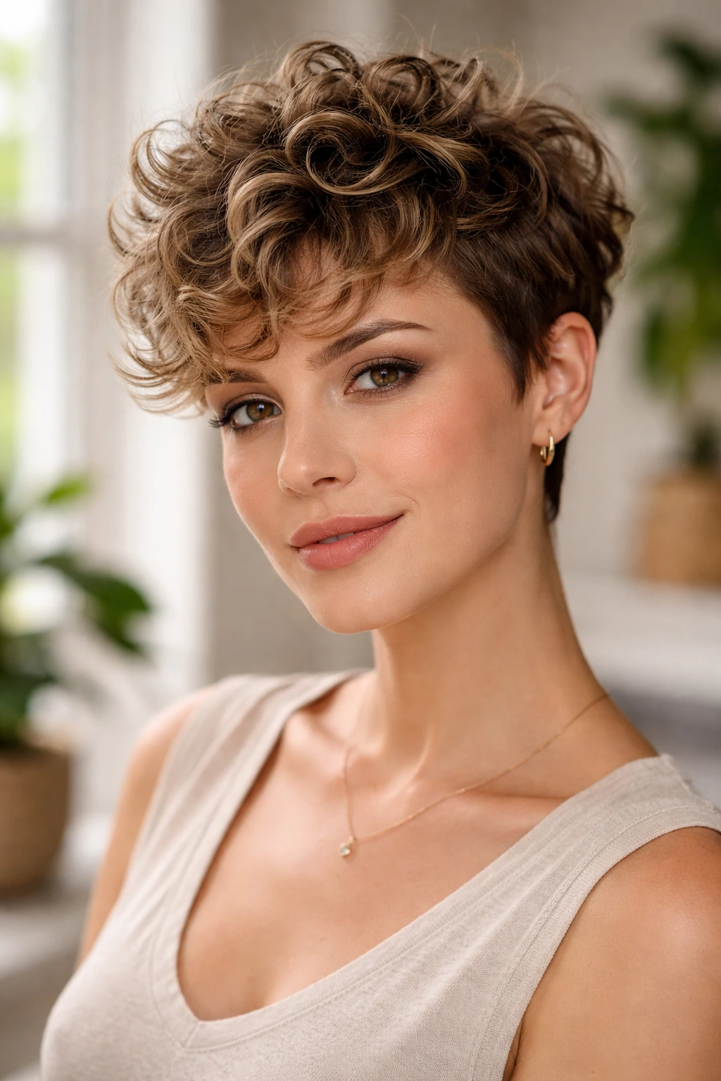 Real woman with curly pixie and lifted roots, crown lift for bounce in bright home setting