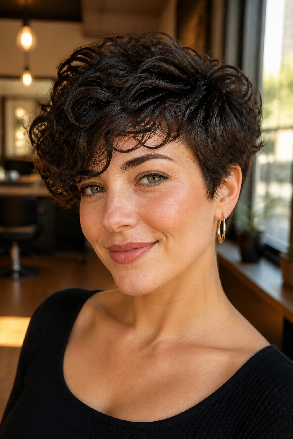 Close-up of a real woman with curly pixie hairstyle featuring a long top and side bangs