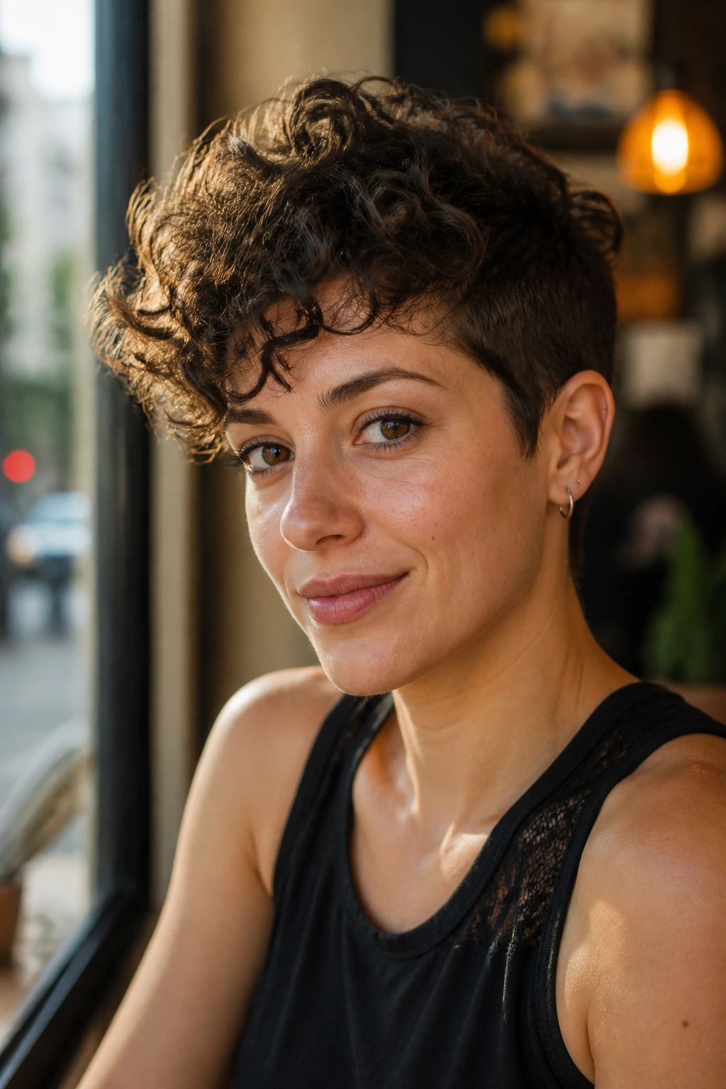 Portrait of a real person with a curly pixie and longer top