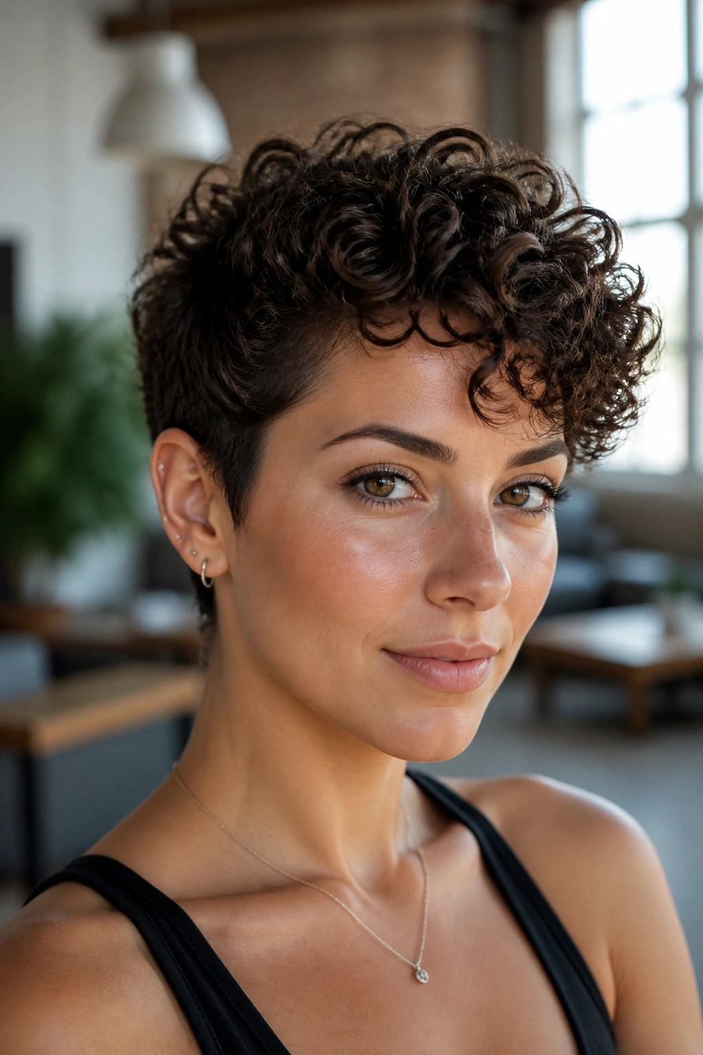 Real woman with longer-top curly pixie and tucked sides