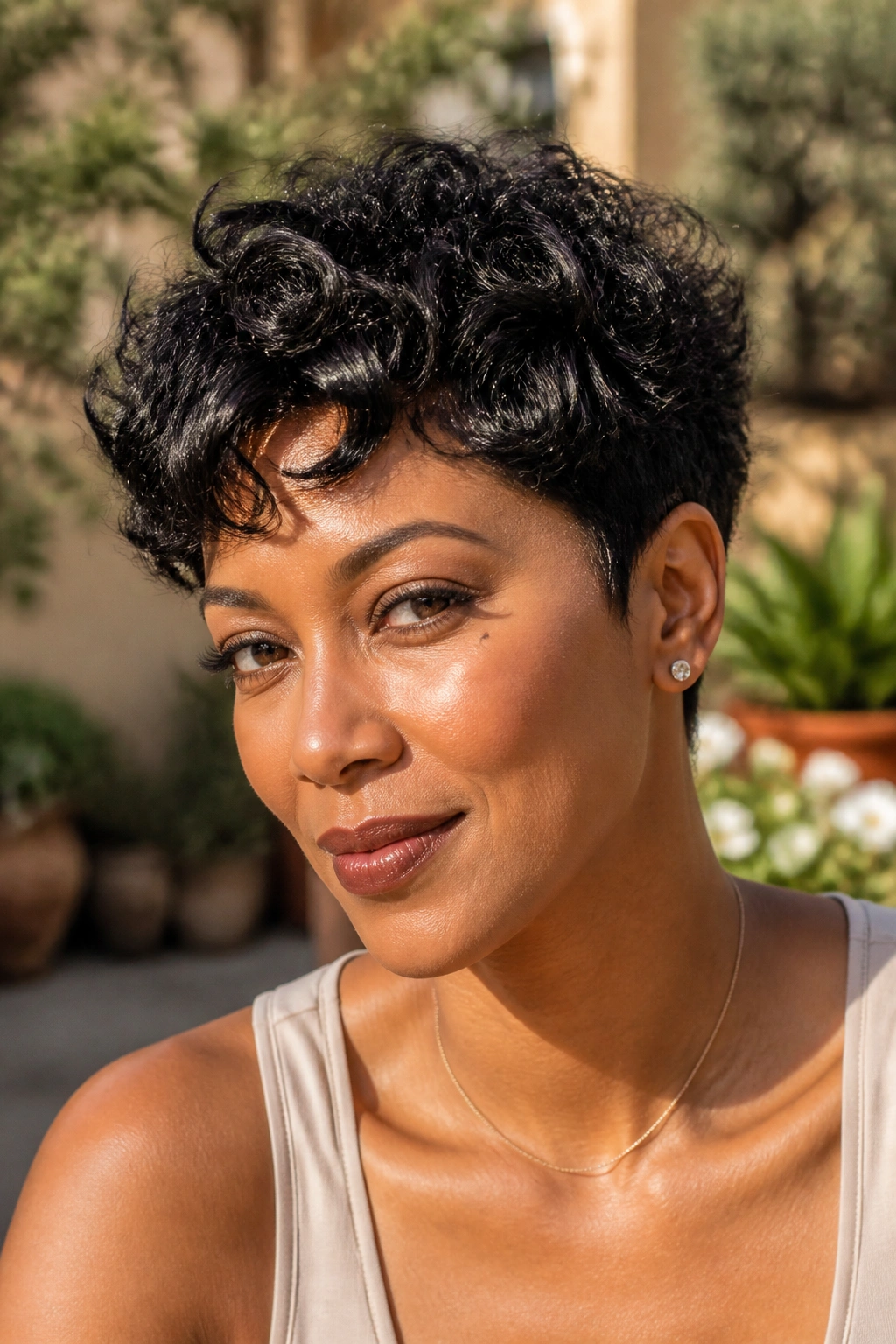 Close-up of a real person with curly pixie pinch-cut layers in sunlight
