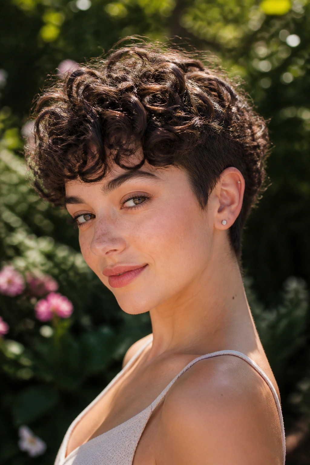 Real girl with curly pixie, defined curls in a sunlit garden setting.