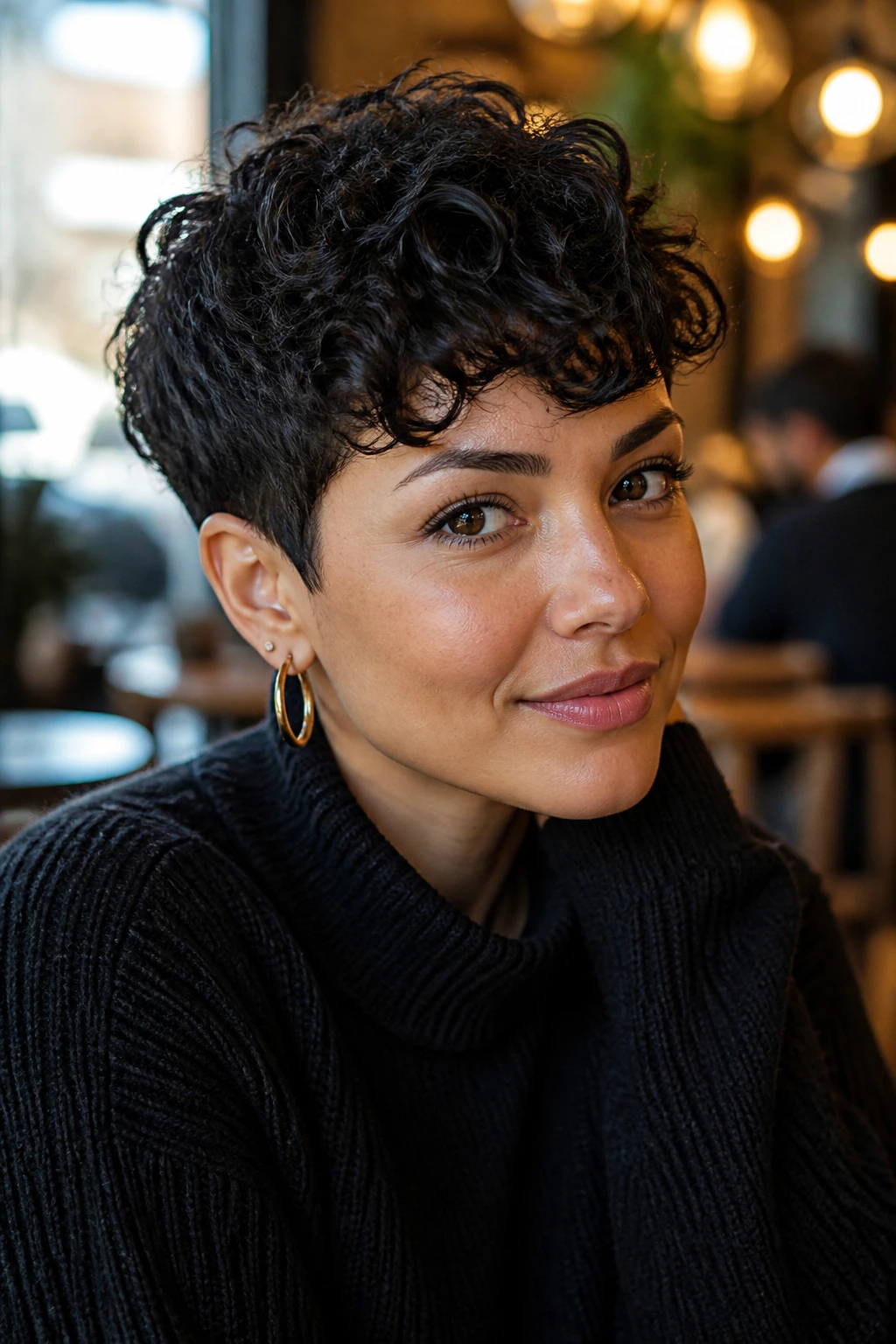 Portrait of a real person with a classic curly pixie in a cafe setting
