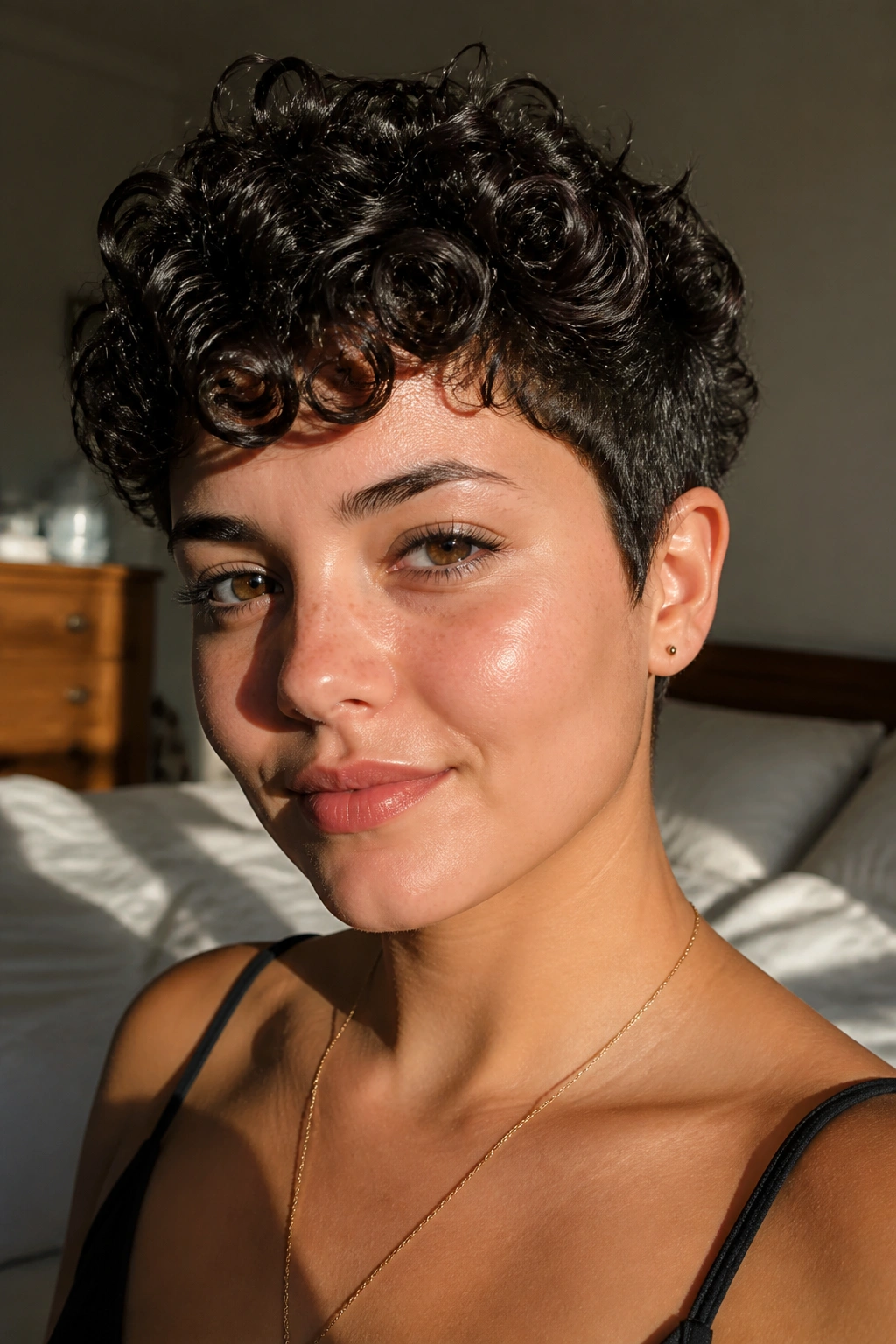 Close-up of a woman with a curly pixie hairstyle showing elevated top curls and tight sides.